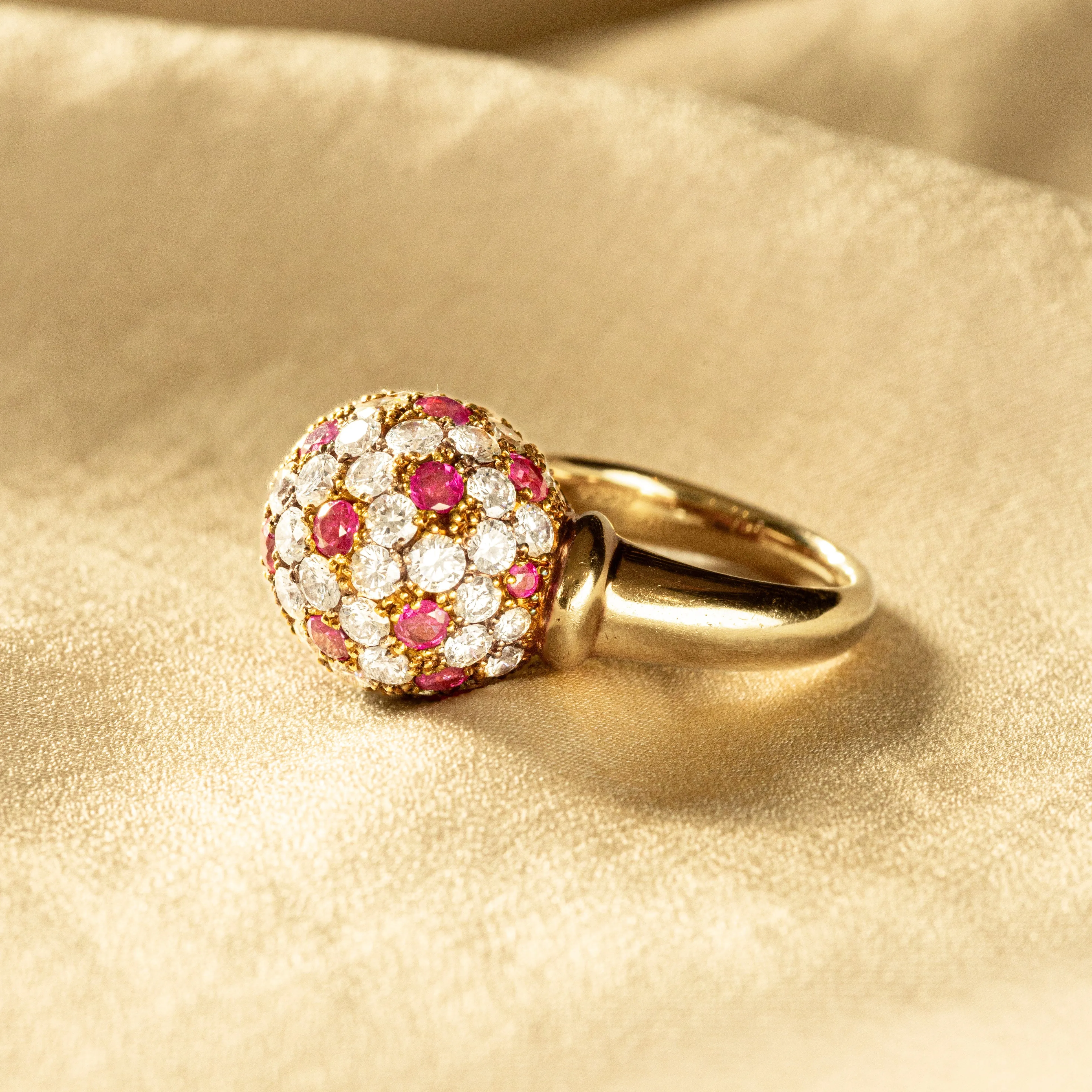 Retro 18K Gold Diamond Ruby Pave Ball Ring