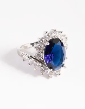 Rhodium Cubic Zirconia Vintage Sapphire Oval Ring