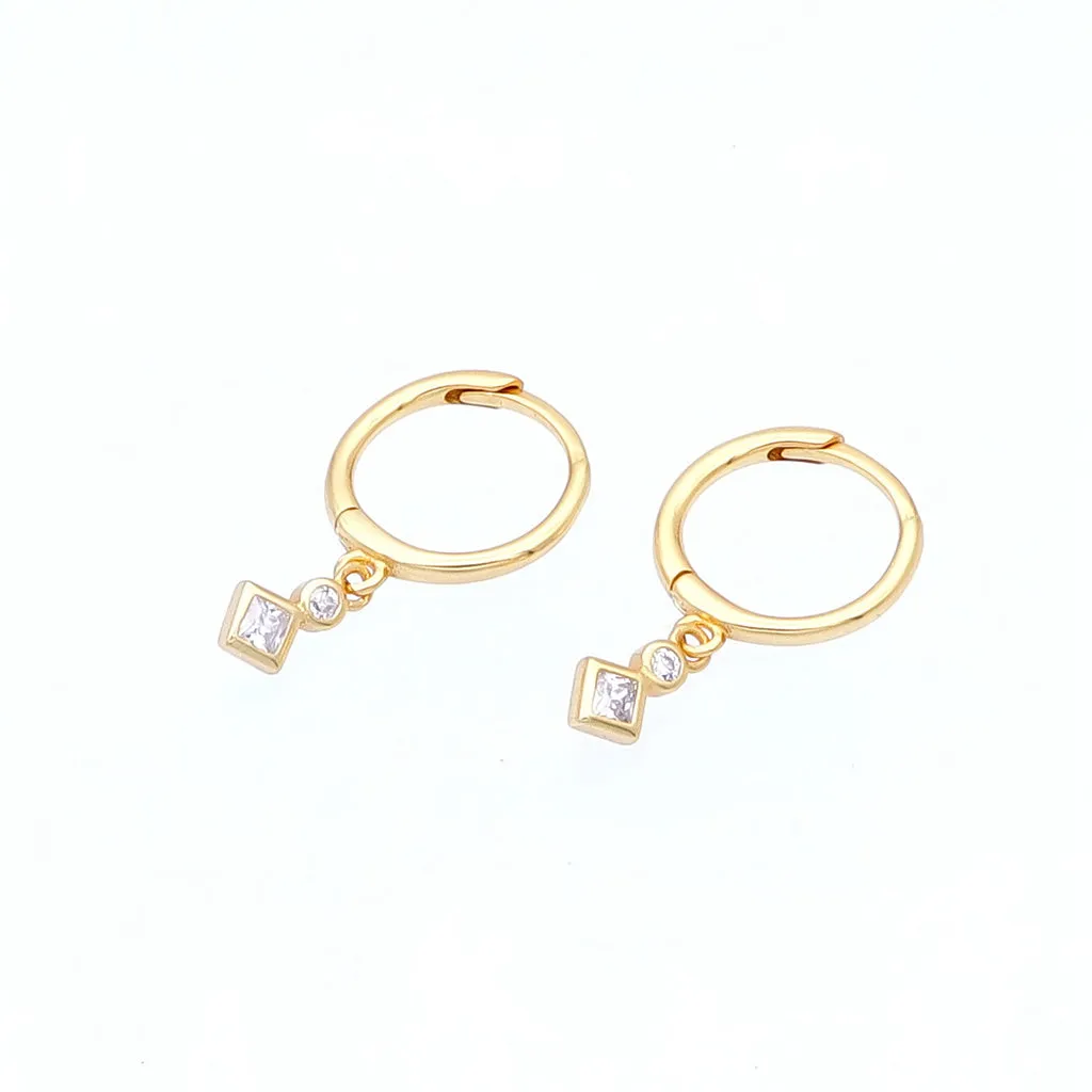 Rhombus and Round CZ Charm Hoop Earrings - Gold