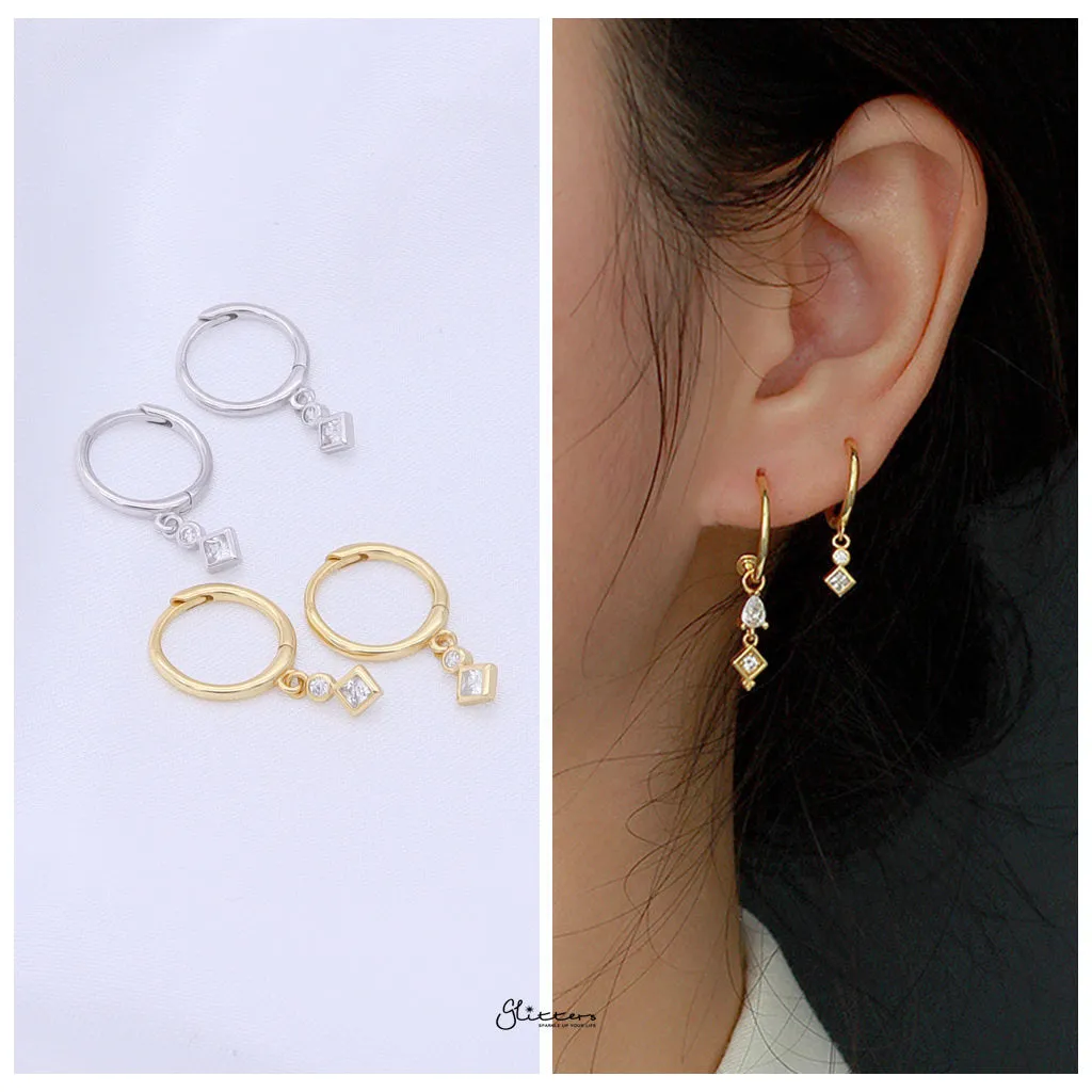 Rhombus and Round CZ Charm Hoop Earrings - Gold