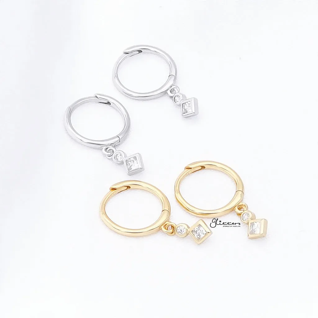 Rhombus and Round CZ Charm Hoop Earrings - Gold