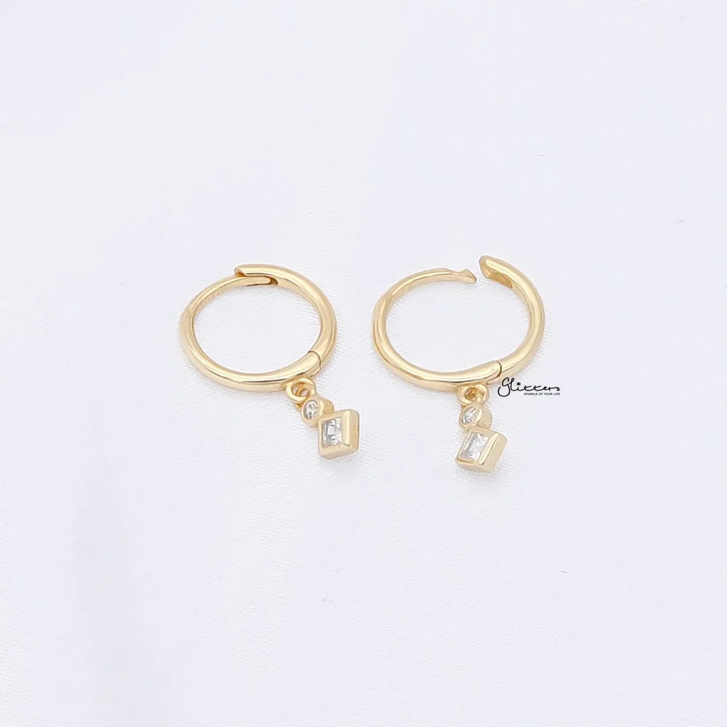 Rhombus and Round CZ Charm Hoop Earrings - Gold