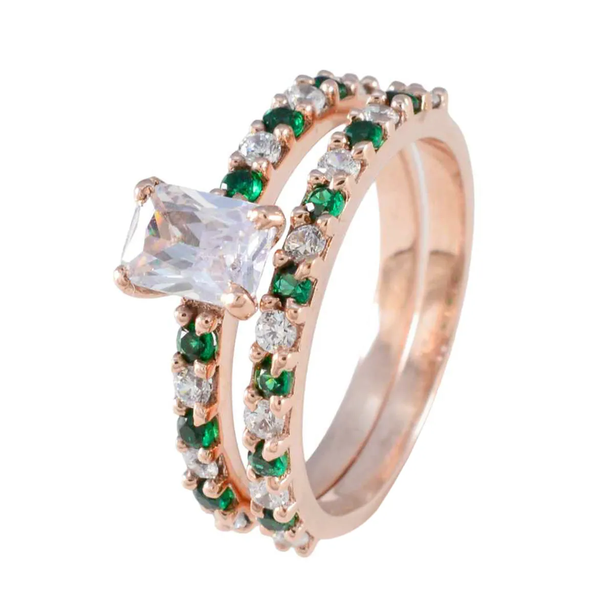 Riyo Classical Silver Ring With Rose Gold Plating Emerald CZ Stone Octagon Shape Prong Setting Stylish Jewelry Graduation Ring