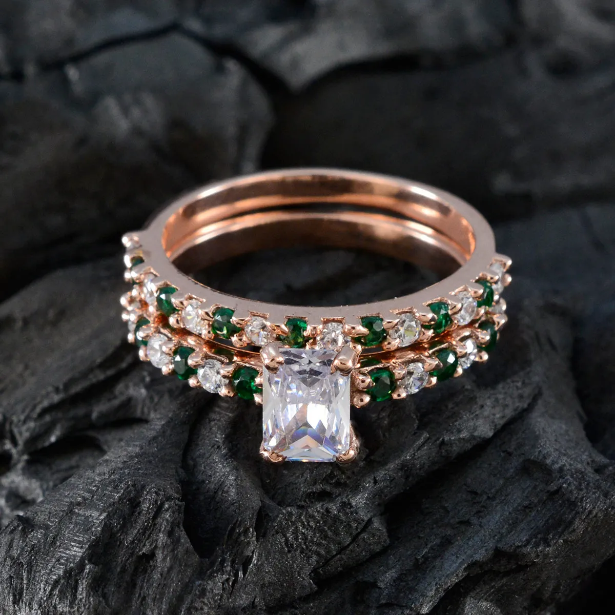 Riyo Classical Silver Ring With Rose Gold Plating Emerald CZ Stone Octagon Shape Prong Setting Stylish Jewelry Graduation Ring