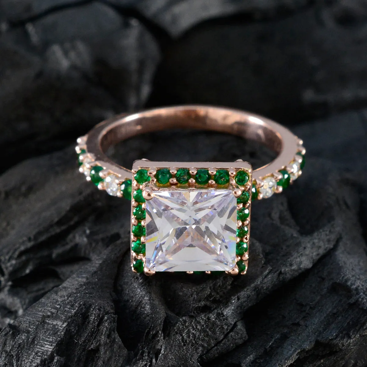 Riyo Custom Silver Ring With Rose Gold Plating Emerald CZ Stone square Shape Prong Setting Designer Jewelry Mothers Day Ring