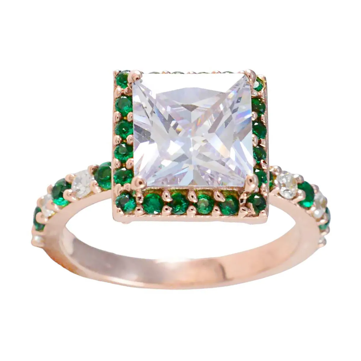 Riyo Custom Silver Ring With Rose Gold Plating Emerald CZ Stone square Shape Prong Setting Designer Jewelry Mothers Day Ring