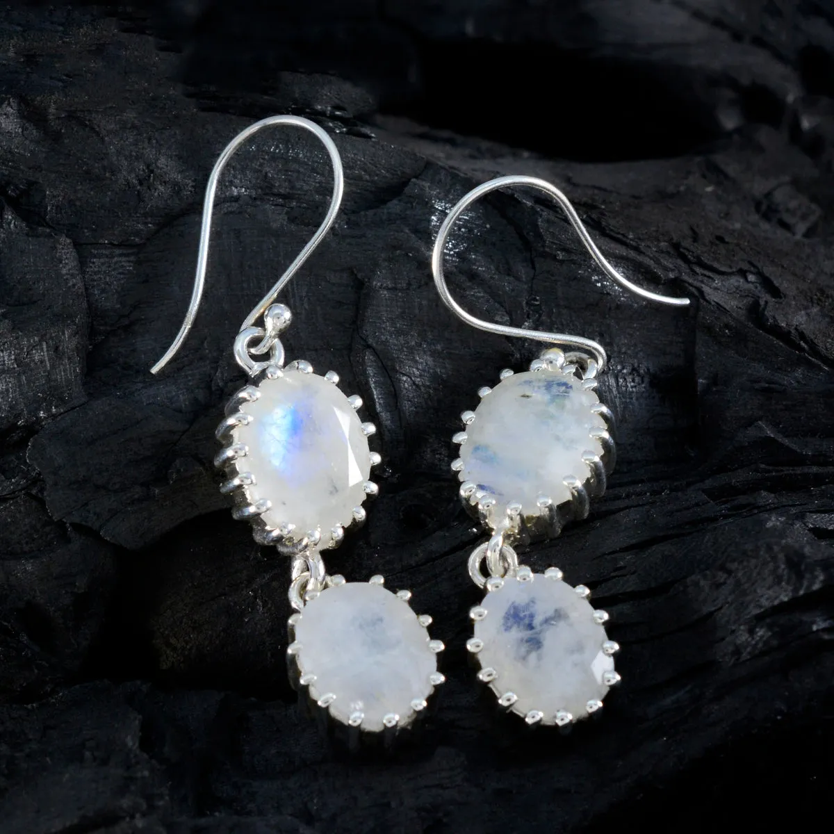 Riyo Fit 925 Sterling Silver Earring For Female Rainbow Moonstone Earring Bezel Setting White Earring Dangle Earring