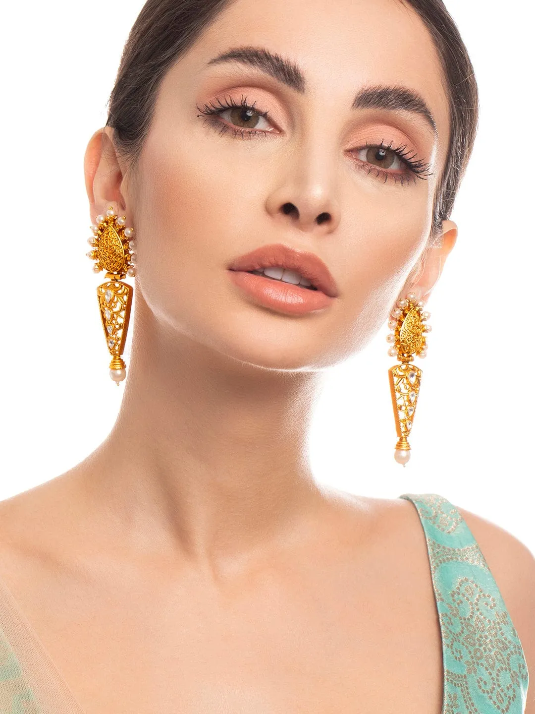 Rubans 22K Gold Plated Drop Earrings With Studded Stone And Pearls