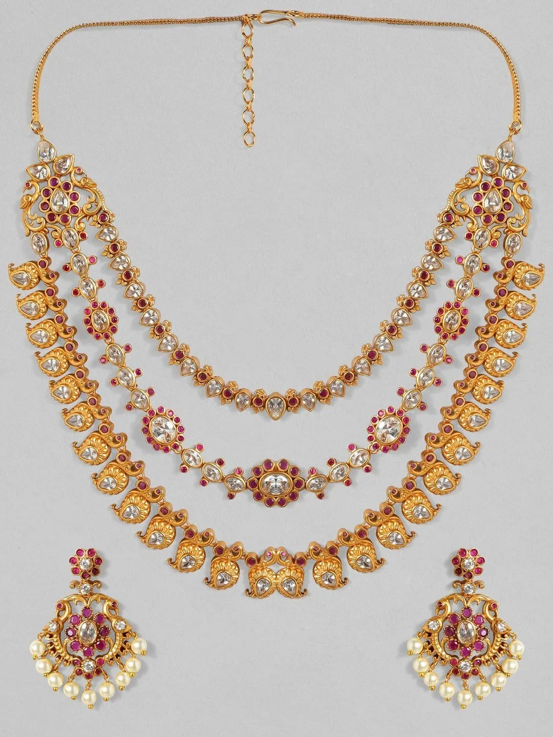 Rubans 22K Gold Plated Handcrafted  Faux Ruby & Paisley Shaped Layered Necklace Set