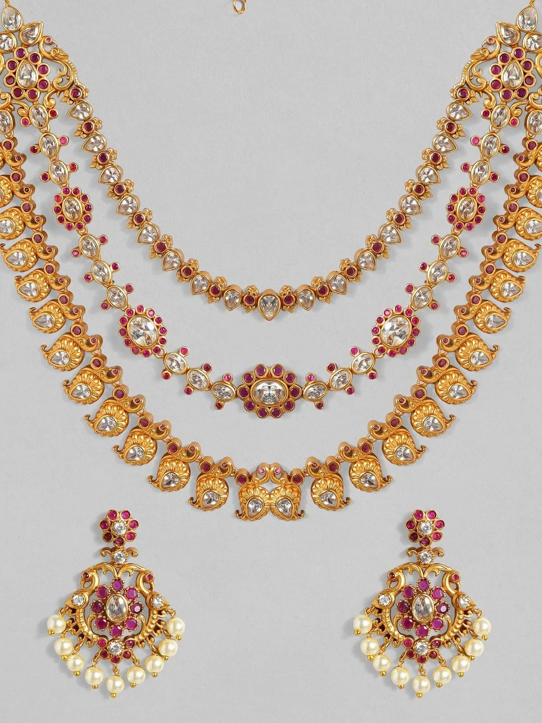 Rubans 22K Gold Plated Handcrafted  Faux Ruby & Paisley Shaped Layered Necklace Set