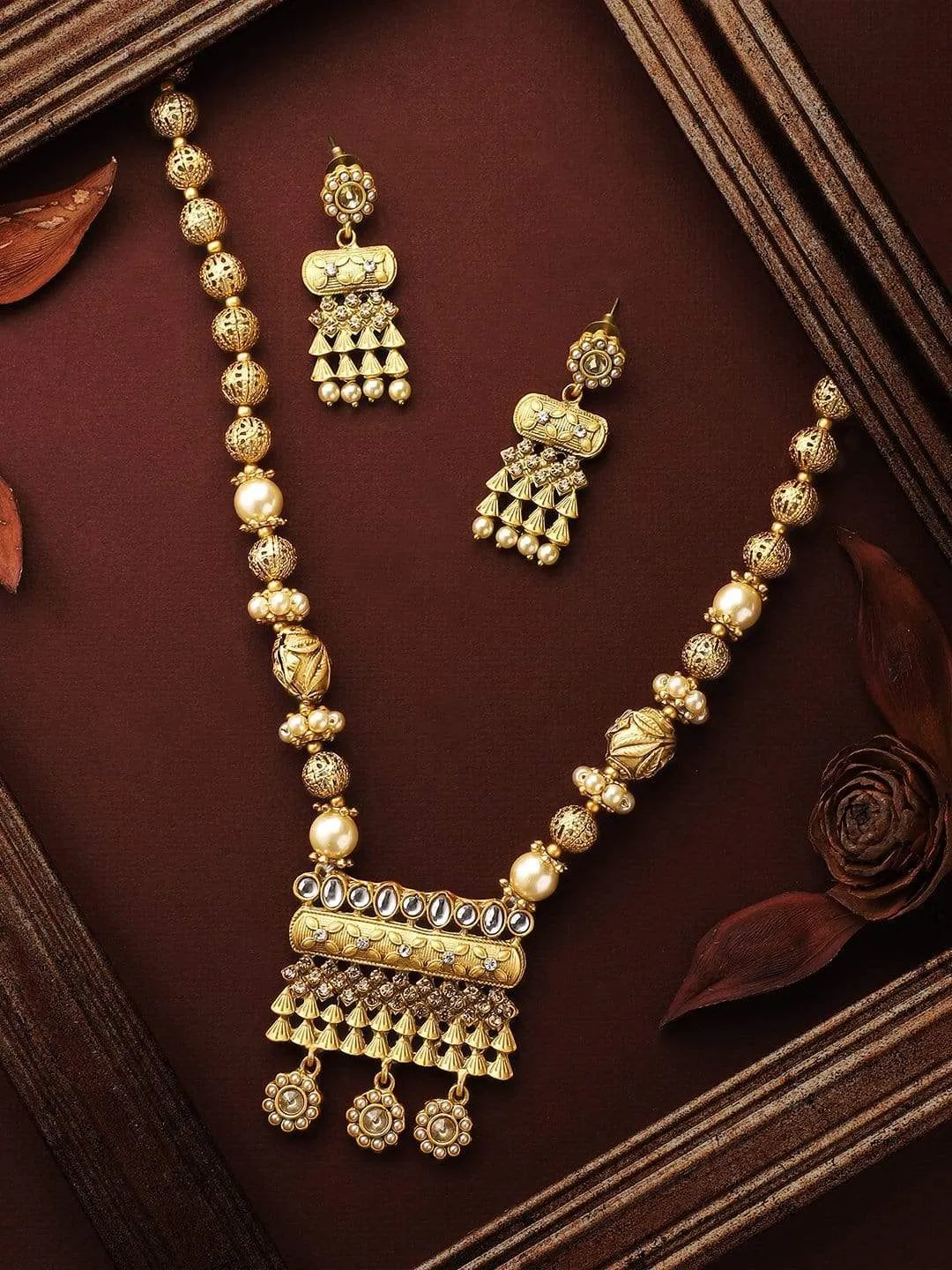 Rubans 22K Gold Plated Handcrafted Kundan Stone & Filigree Necklace Set