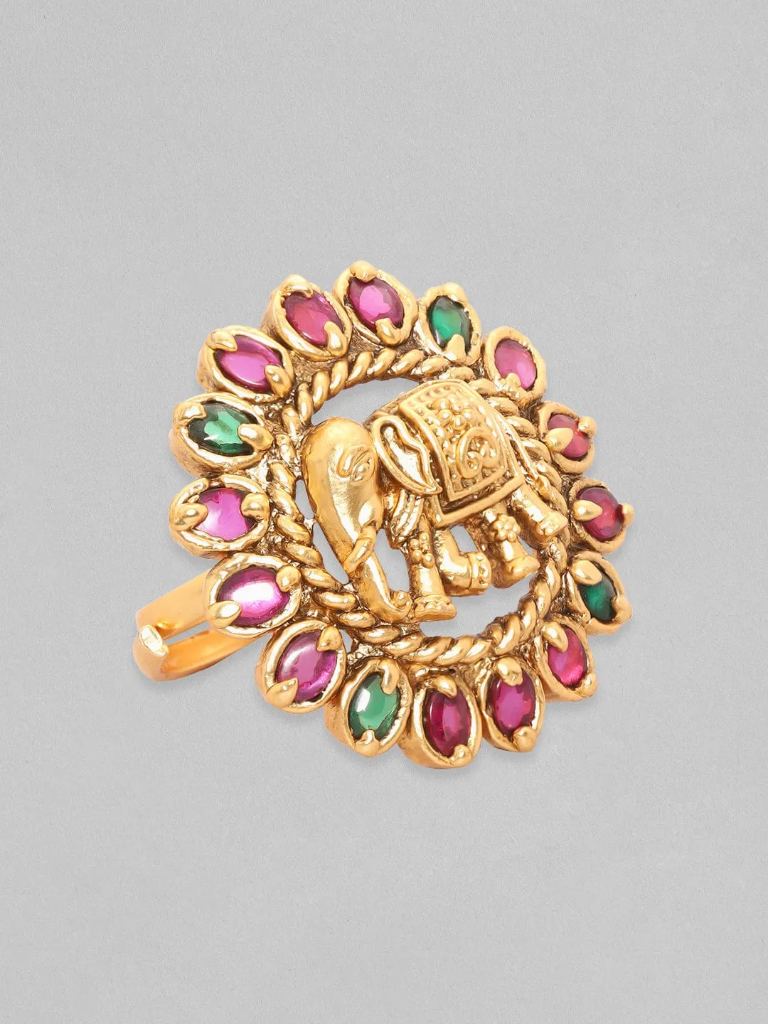 Rubans 22K Gold Plated Red & Green Zircons Studded Elephant Motif Temple Ring