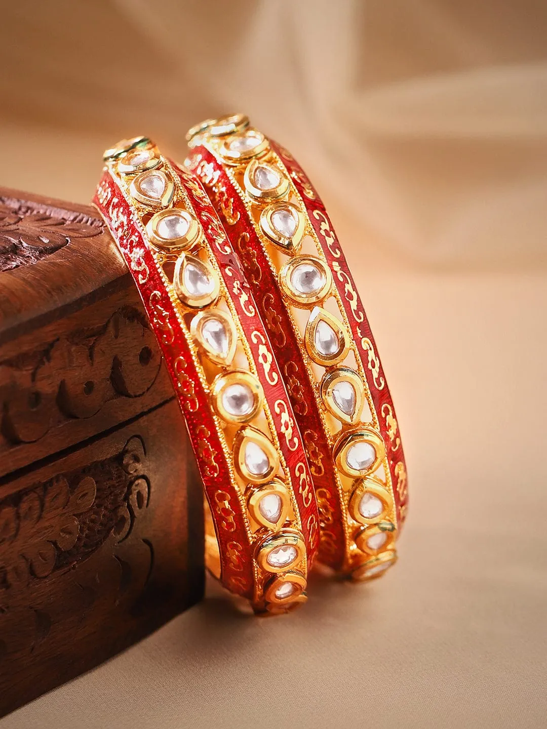 Rubans 24K Gold Plated Kundan Studded Red Enamel Bangles