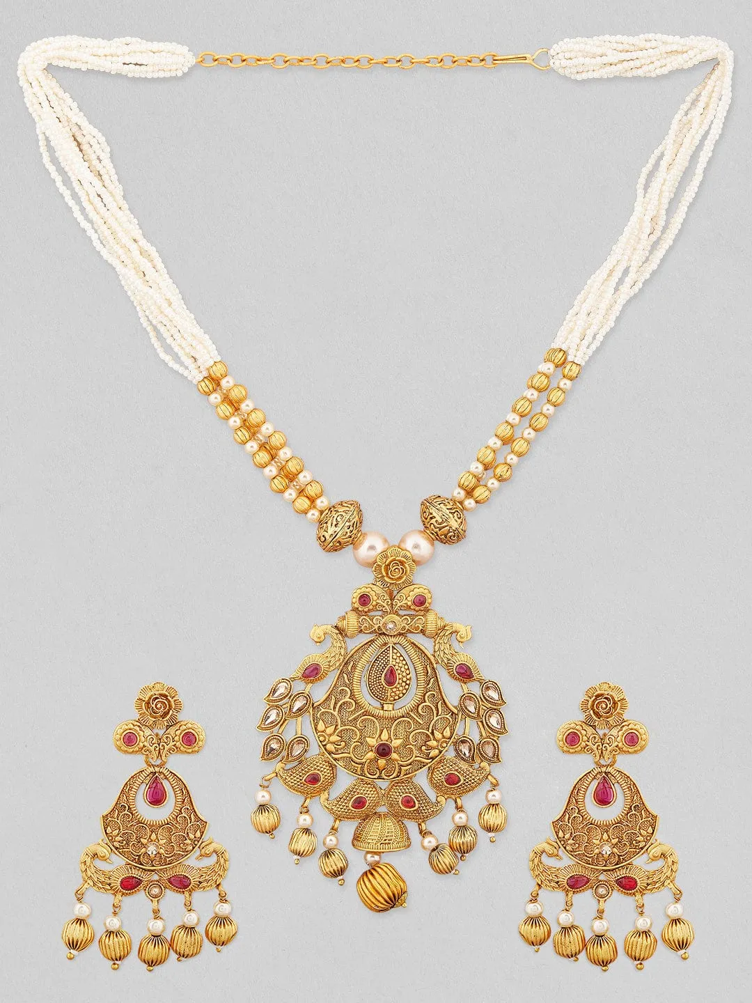 Rubans 24k Gold Plated Necklace With Peacock Motif Design And Red Stones.