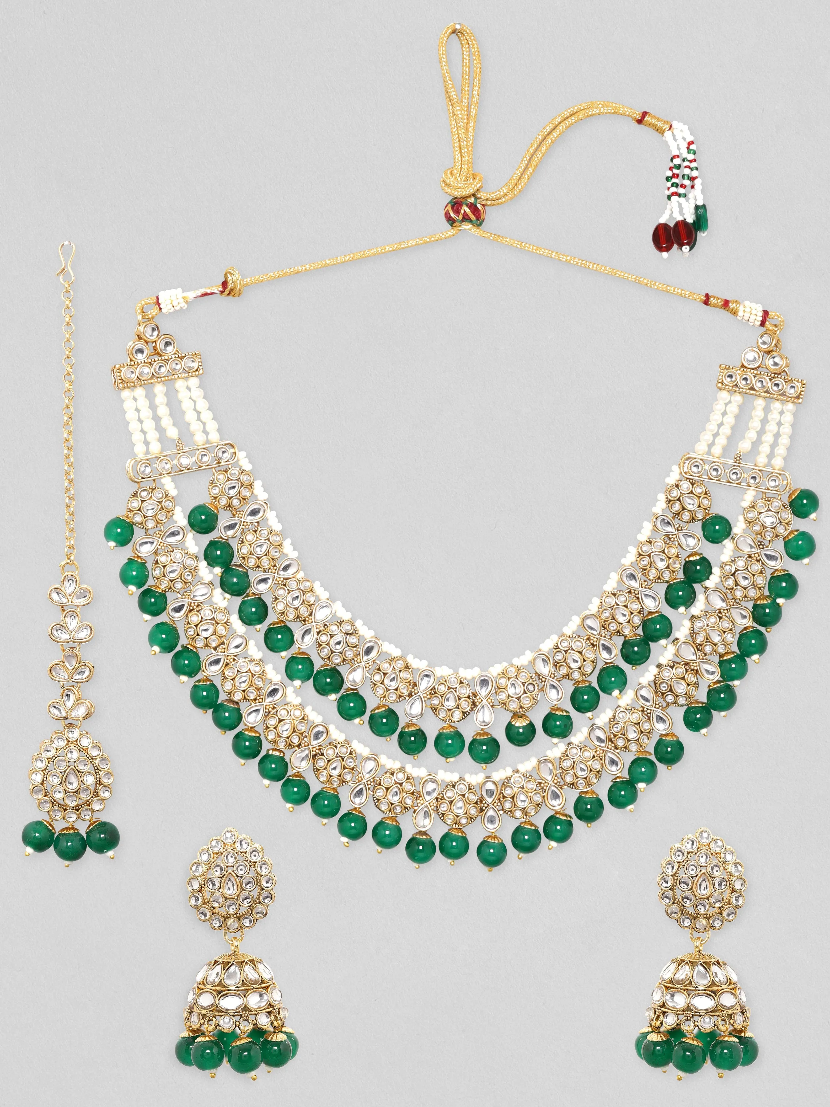 Rubans 24K Gold Plated Polki Stone Studded Green Beaded Double Layer Jewellery Set