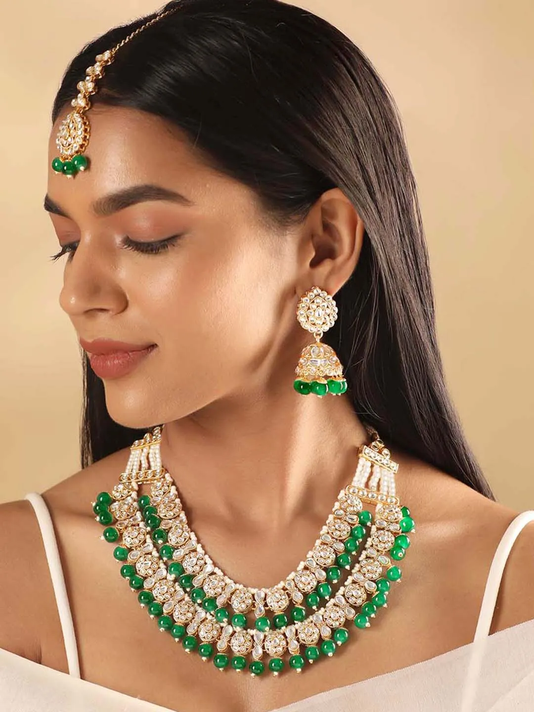 Rubans 24K Gold Plated Polki Stone Studded Green Beaded Double Layer Jewellery Set