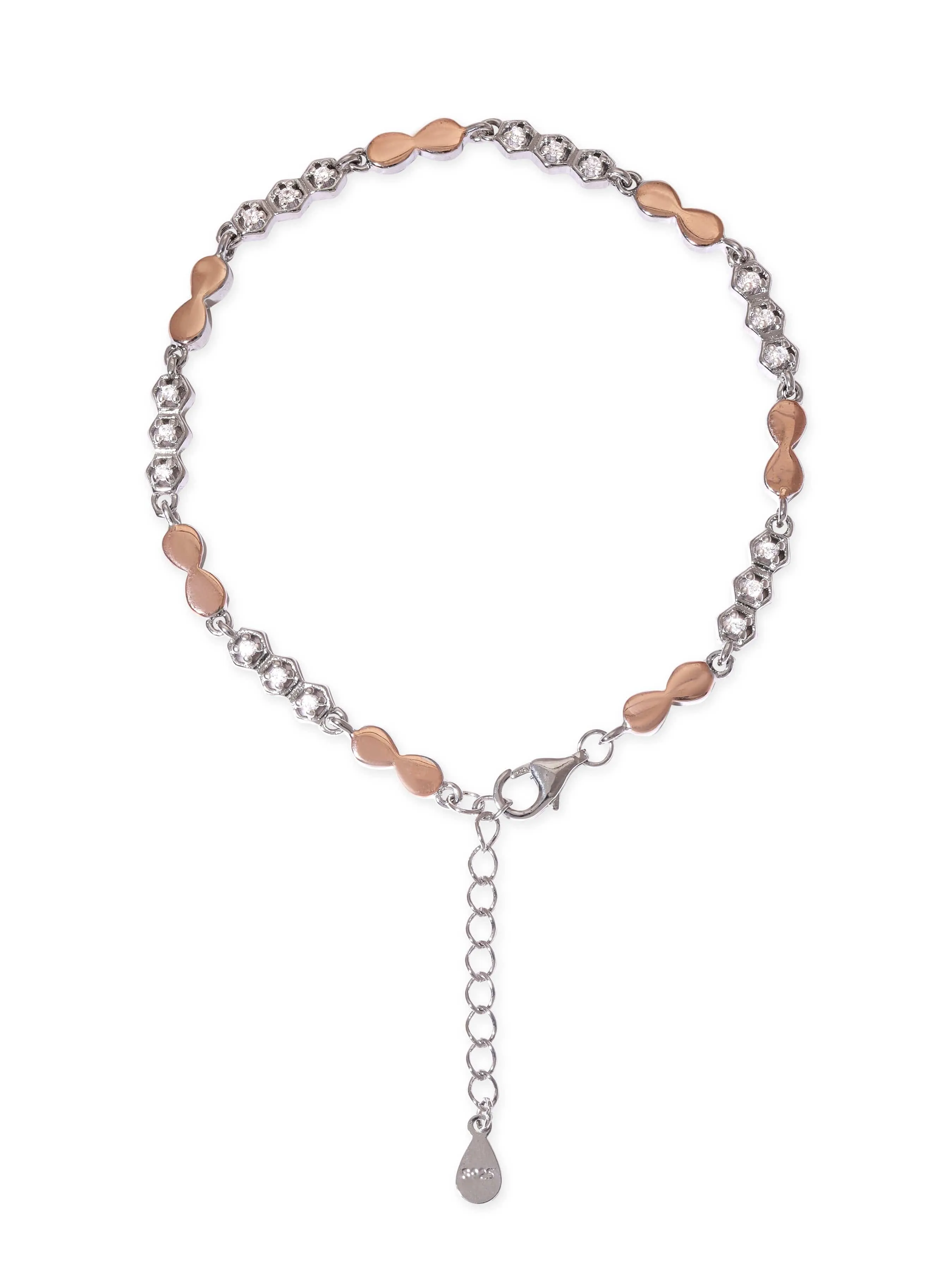 Rubans 925 Silver Rhodium Plated 925 Sterling Silver Rose Gold & Zirconia Detailed Minimal Bracelet