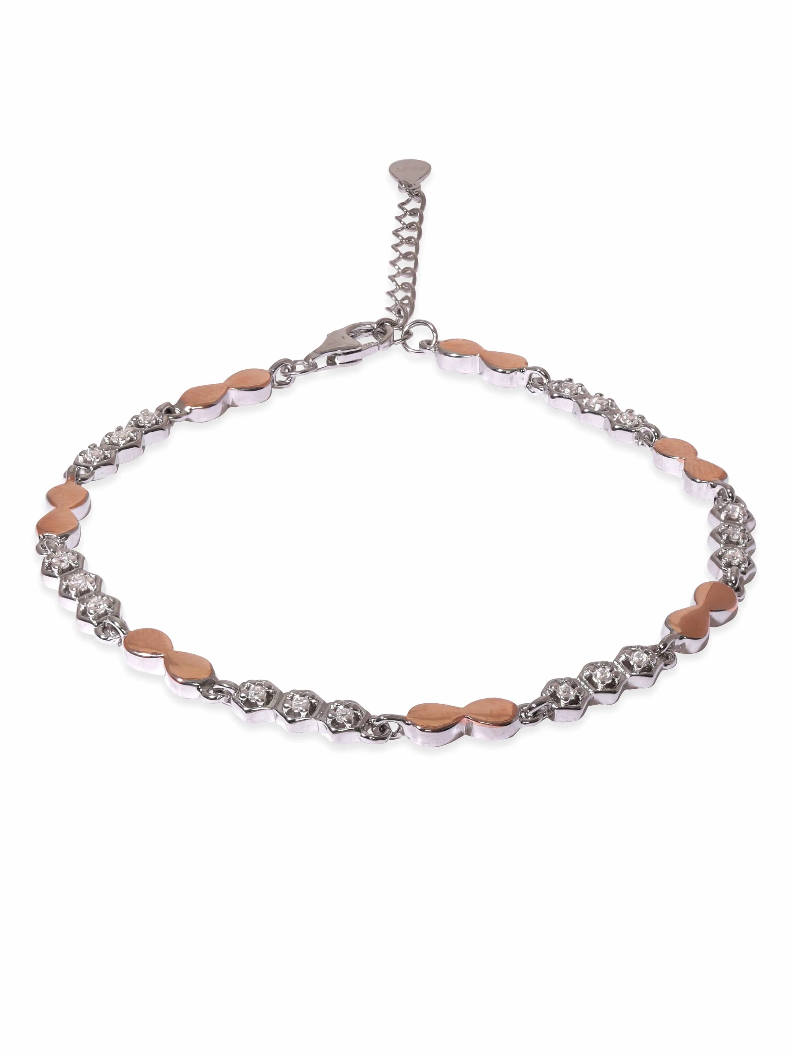 Rubans 925 Silver Rhodium Plated 925 Sterling Silver Rose Gold & Zirconia Detailed Minimal Bracelet