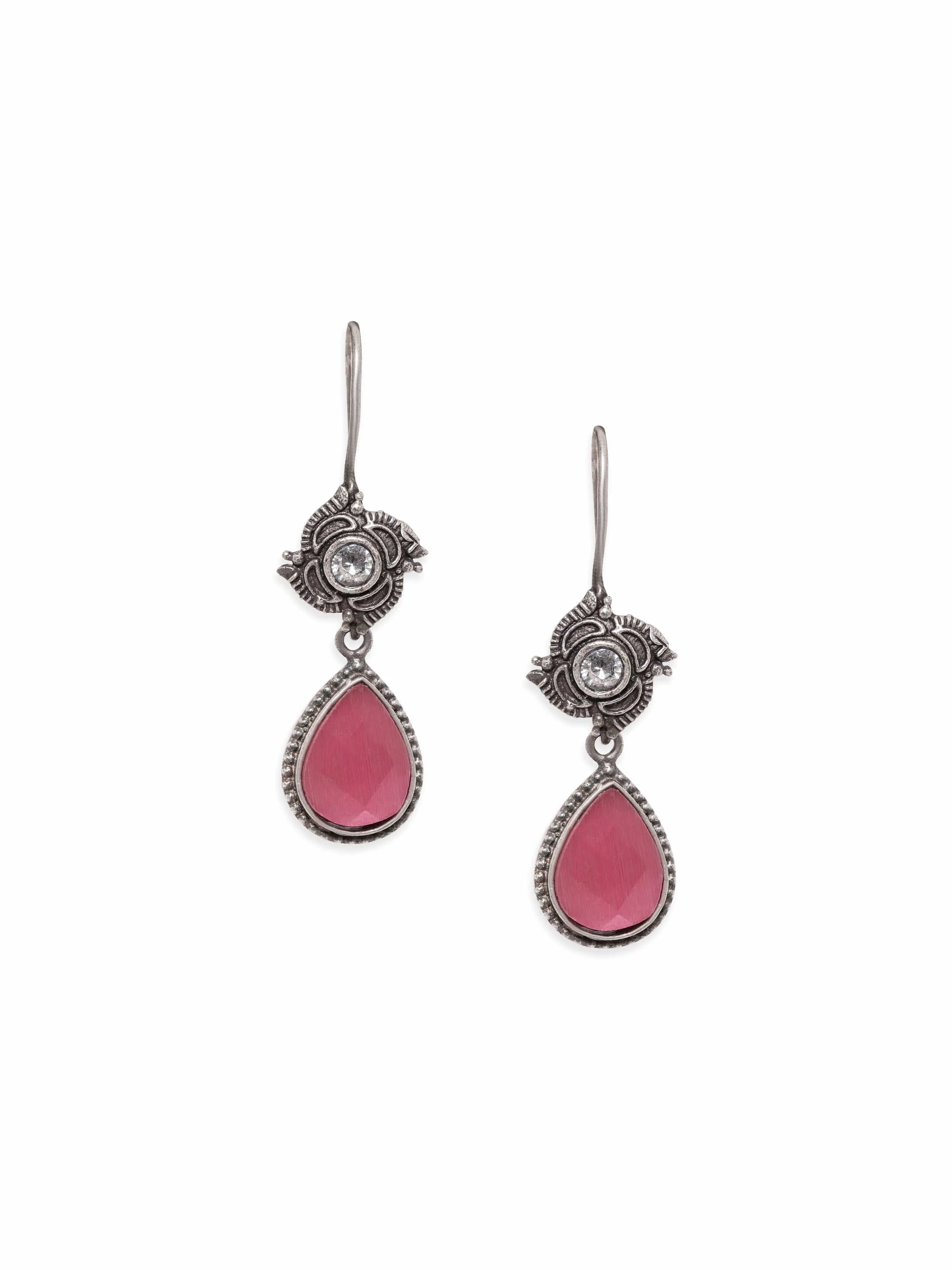 Rubans Blushing Beauty Oxidized Silver Plating with Pink kemp stone Earrings