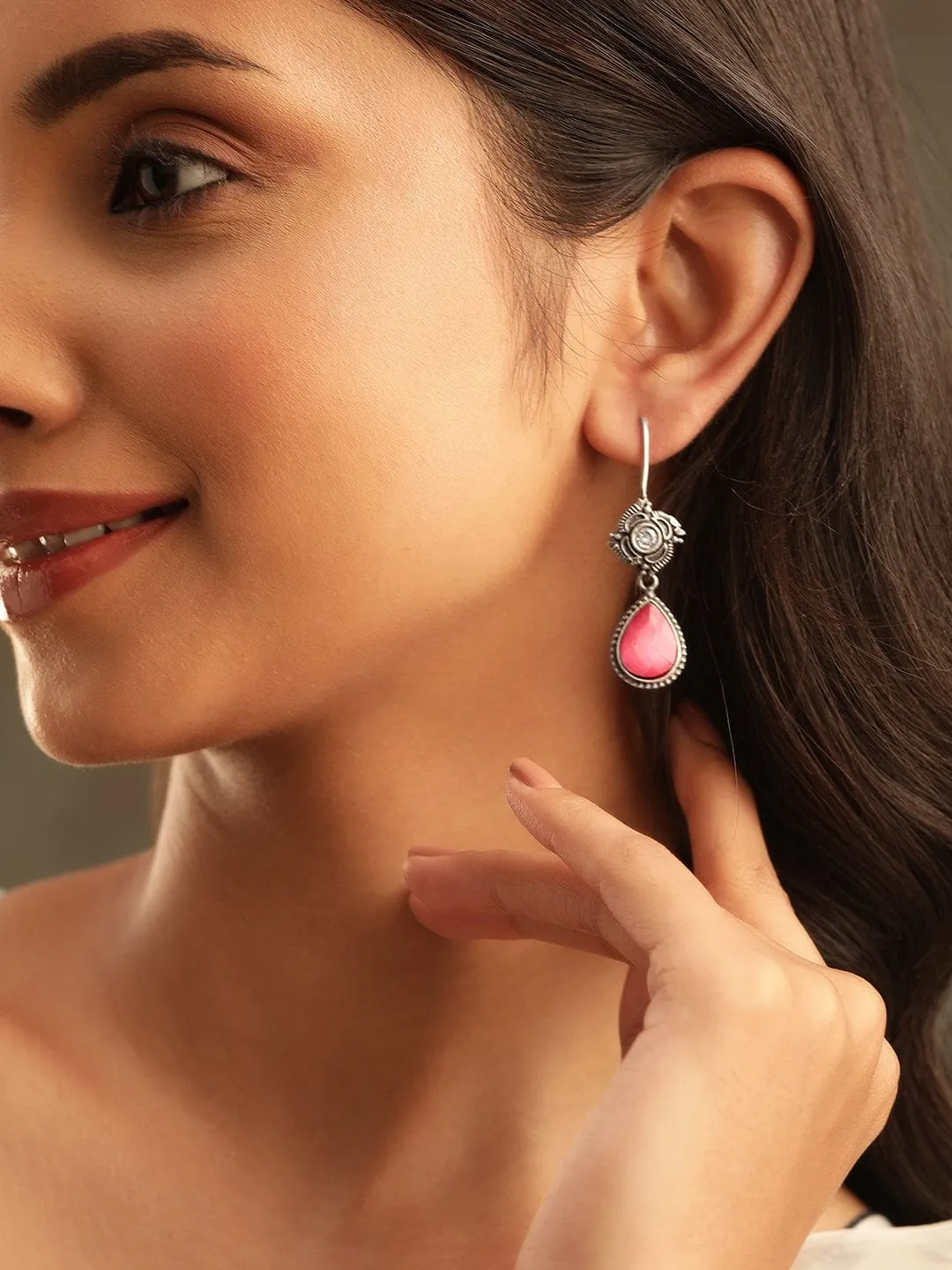 Rubans Blushing Beauty Oxidized Silver Plating with Pink kemp stone Earrings