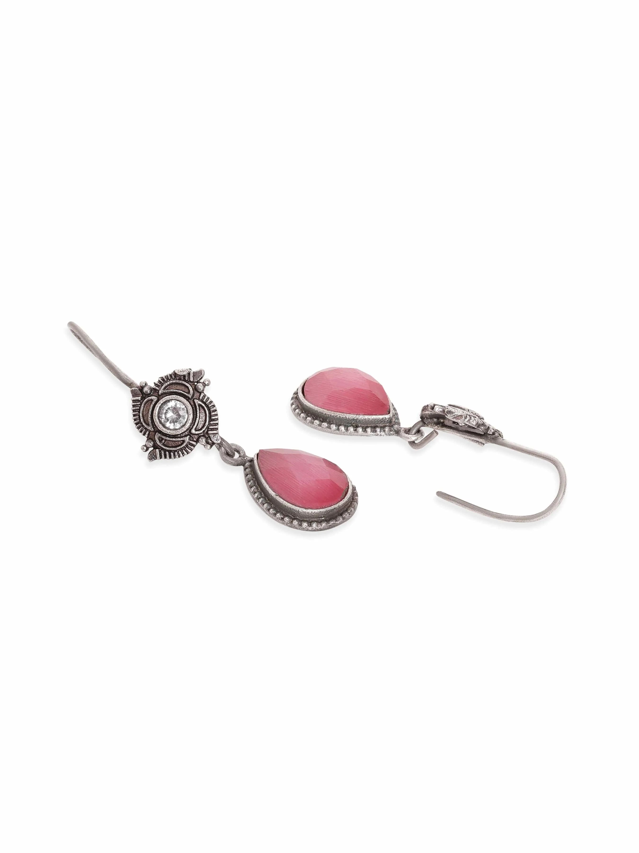 Rubans Blushing Beauty Oxidized Silver Plating with Pink kemp stone Earrings