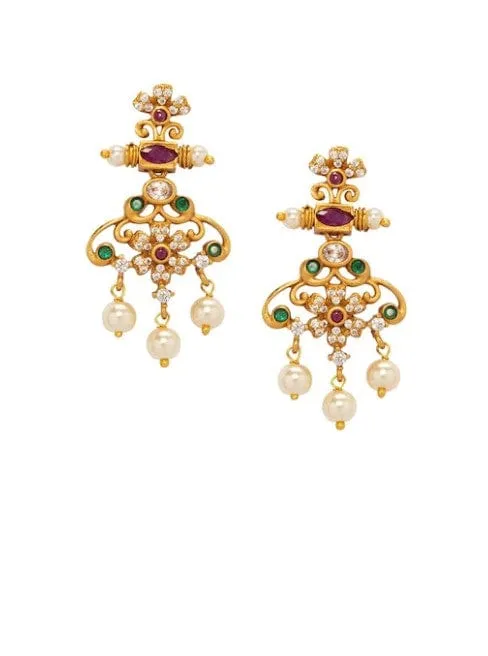 Rubans Gold Plated CZ Studded Floral Temple Jewellery Set