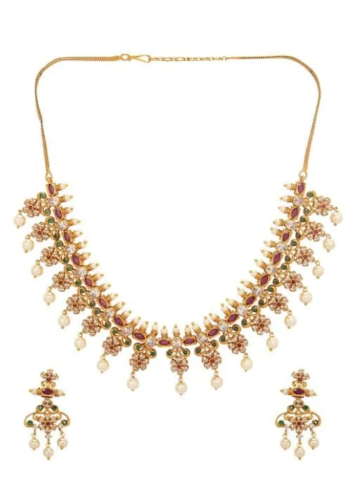 Rubans Gold Plated CZ Studded Floral Temple Jewellery Set