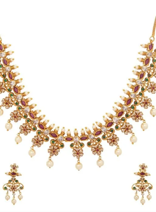 Rubans Gold Plated CZ Studded Floral Temple Jewellery Set