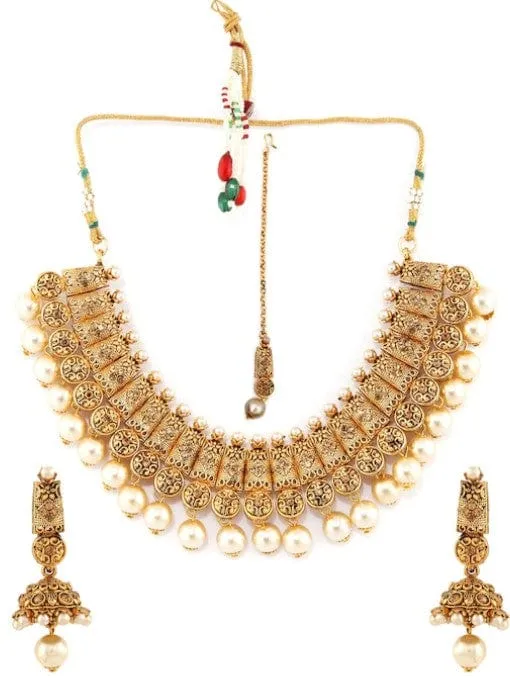 Rubans Gold Plated Handcrafted Traditional Rhinestone Necklace Set With Maang Tikka