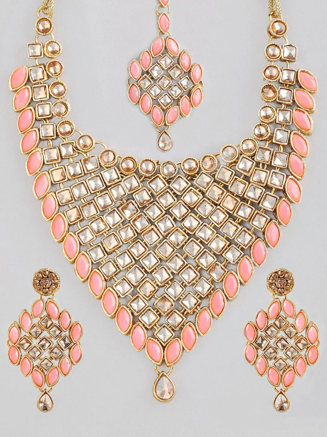 Rubans Gold Plated Kundan Necklace Set With Pink Coloured Beads