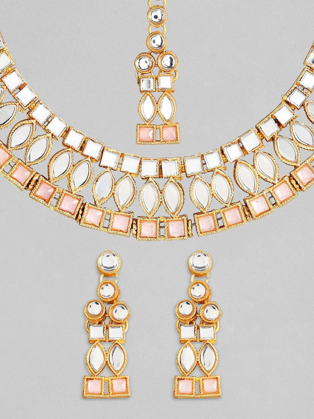 Rubans Gold Plated Necklace Set With Studded Mirror Design And Pink Stones