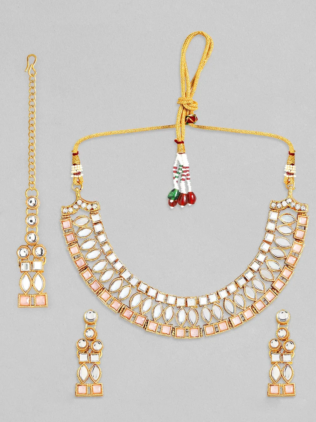 Rubans Gold Plated Necklace Set With Studded Mirror Design And Pink Stones