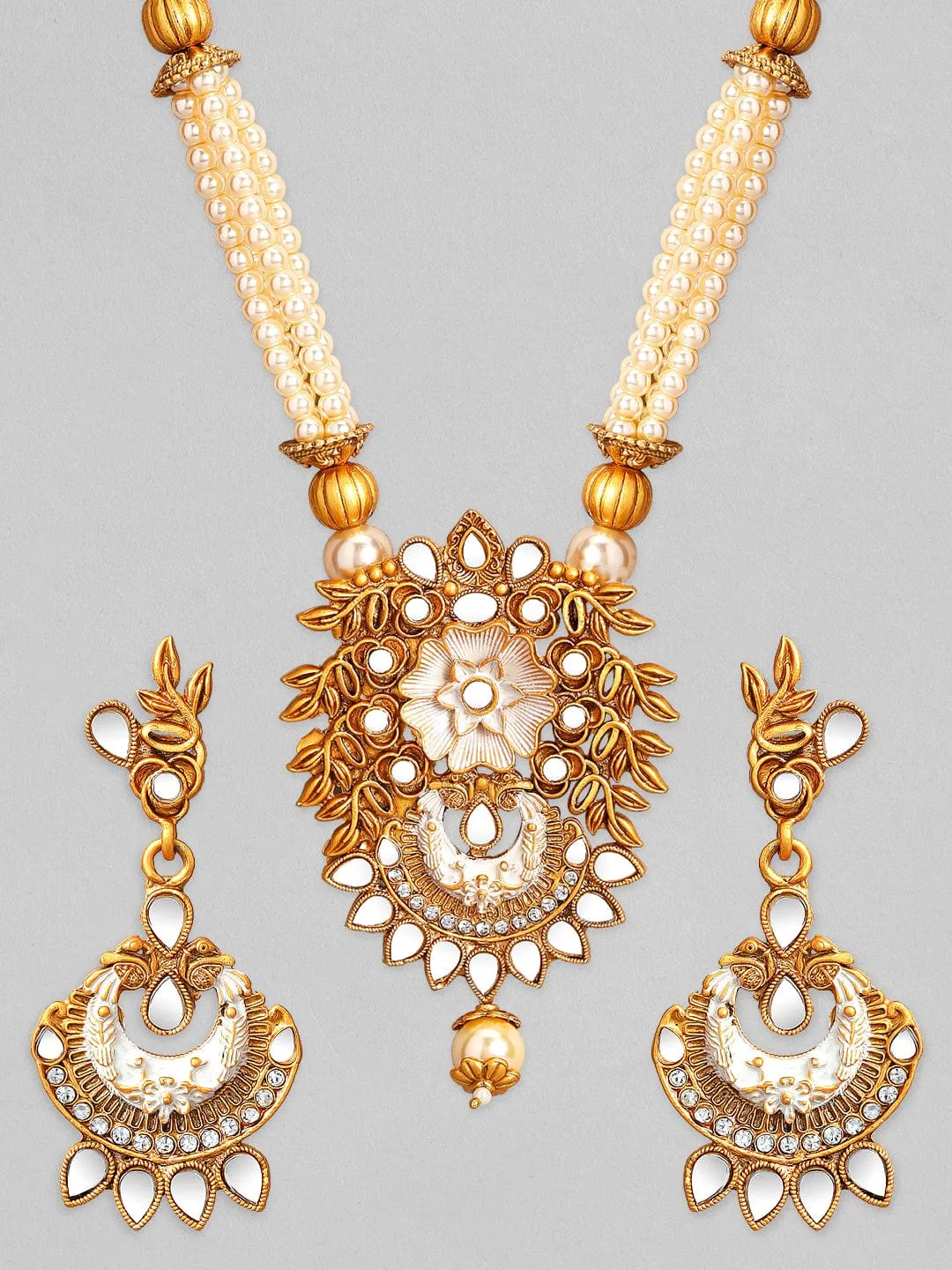 Rubans Gold Plated Pearl Beaded Mirror Studded Necklace Set.