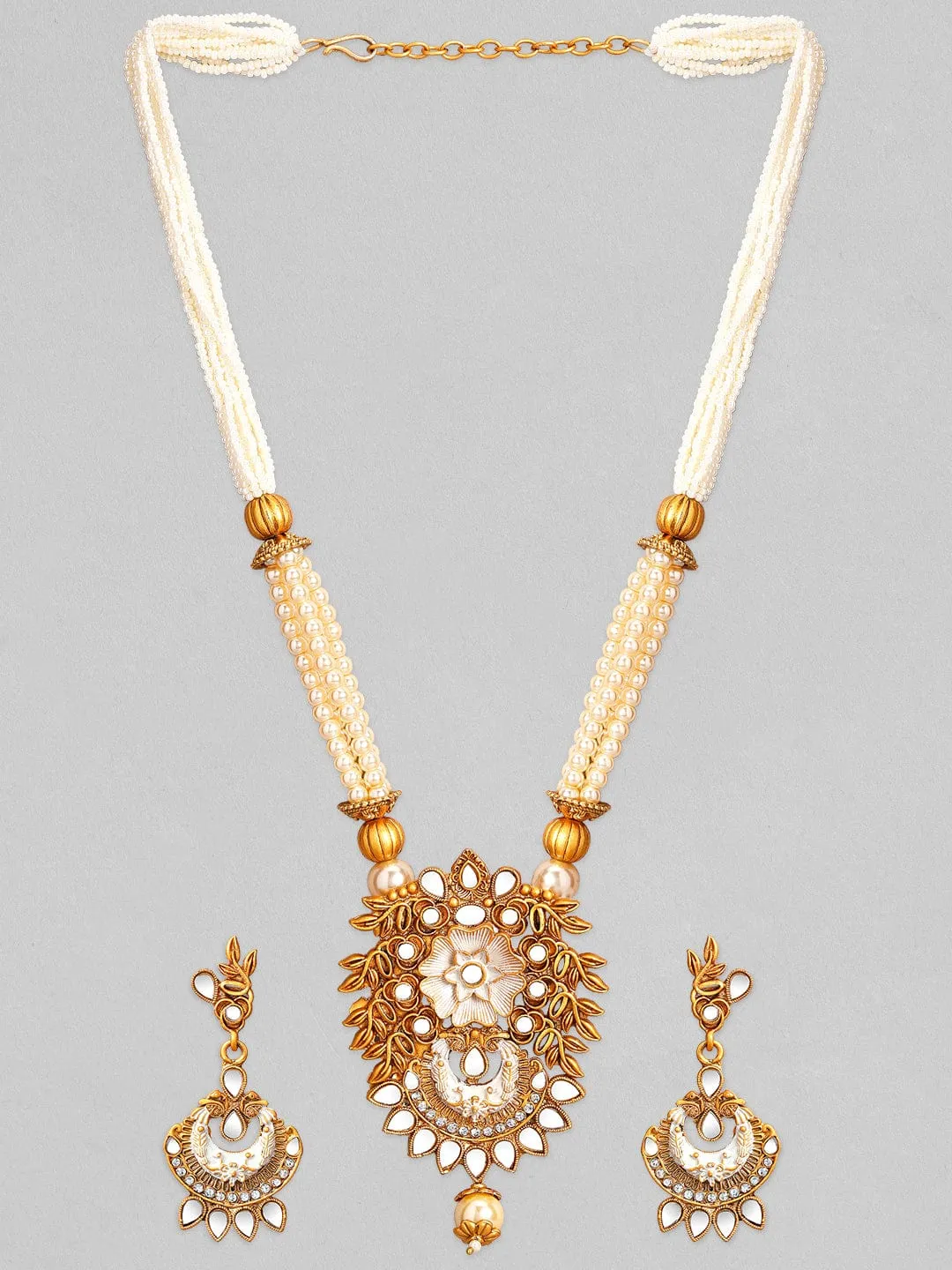 Rubans Gold Plated Pearl Beaded Mirror Studded Necklace Set.