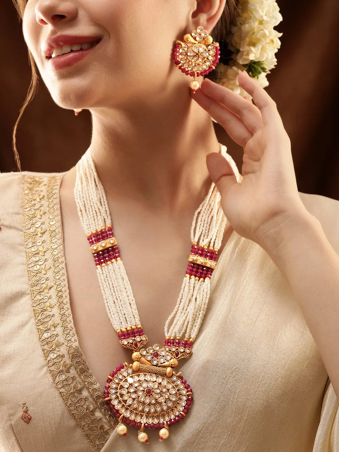 Rubans Gold-Plated Stone-Studded & Pearl Beaded Jewellery Set