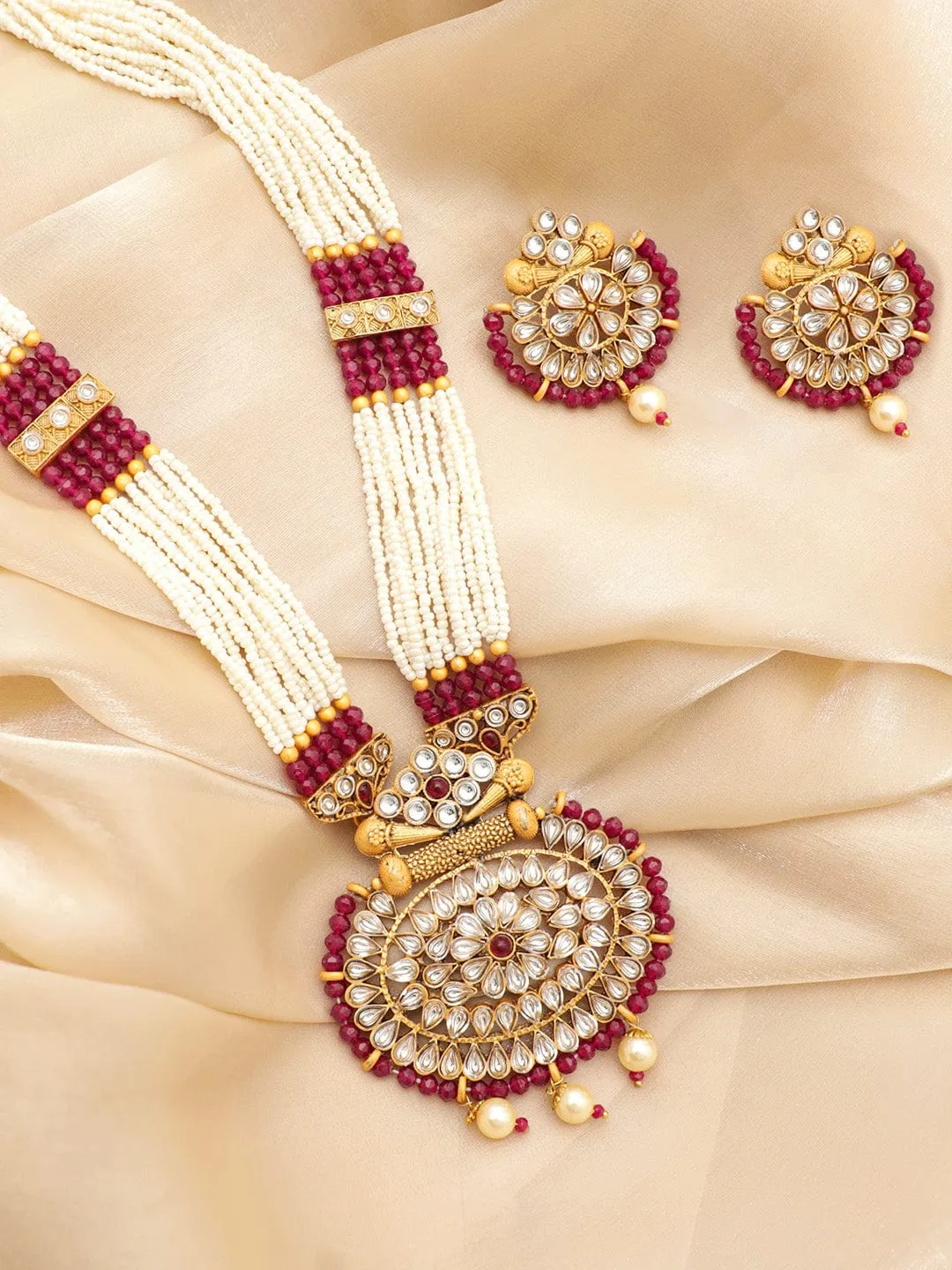 Rubans Gold-Plated Stone-Studded & Pearl Beaded Jewellery Set