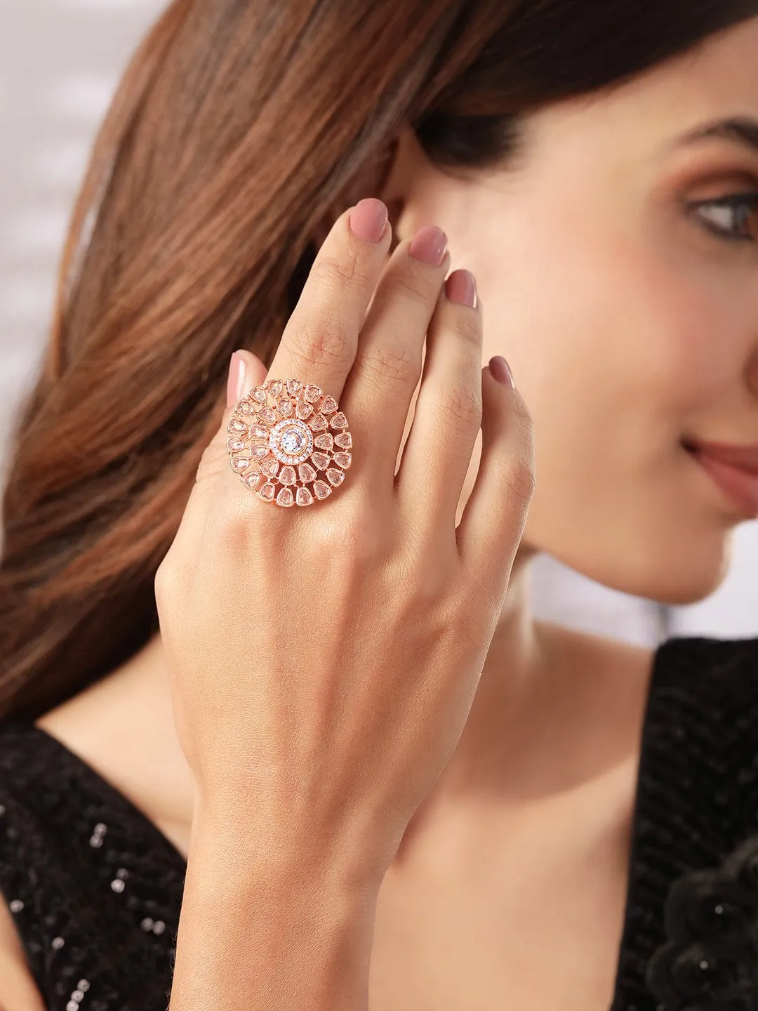 Rubans Gold Toned Zircon Stone Embellished Floral Ring