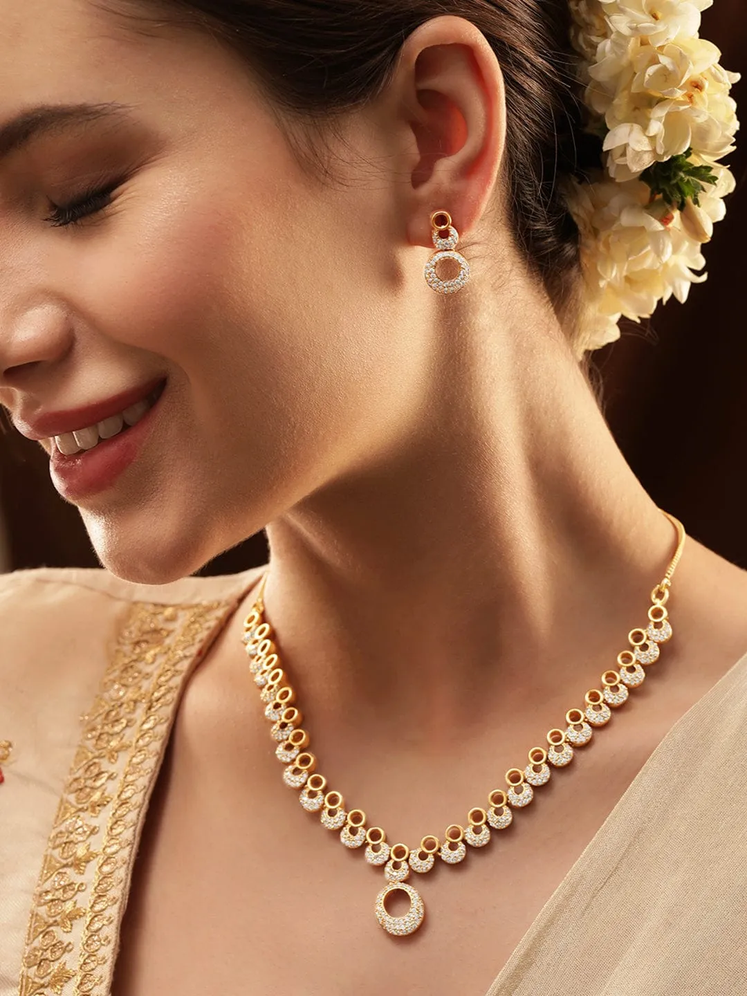 Elegant Rubans Golden Glamour AD Necklace Set - Exquisite Design with Sparkling Details for Any Occasion