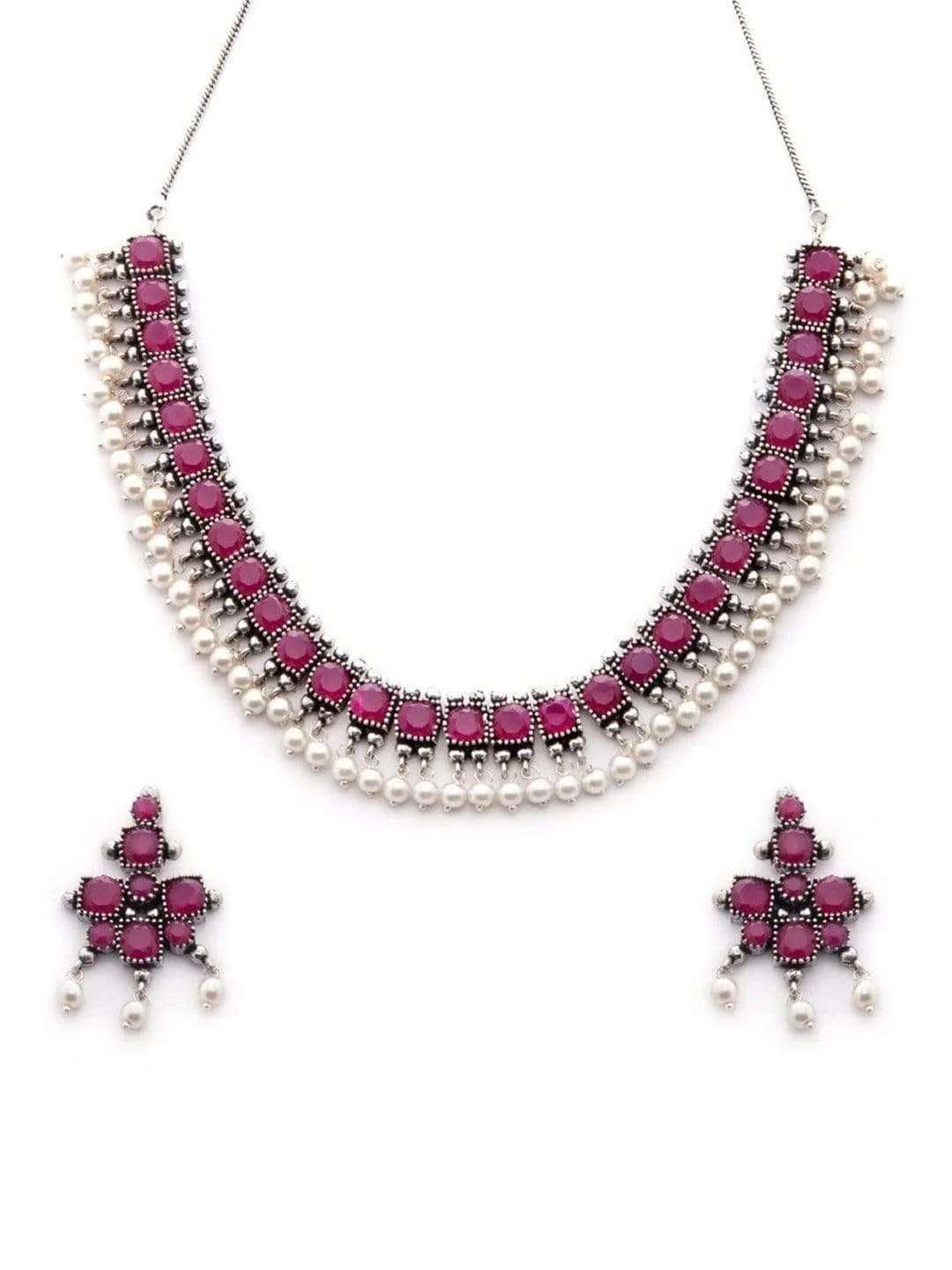 Rubans Oxidised Silver Toned Faux Ruby Studded Embellished With Pearls Necklace Set