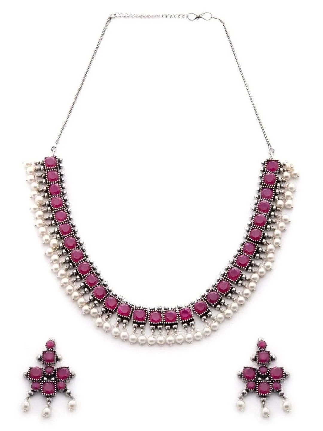 Rubans Oxidised Silver Toned Faux Ruby Studded Embellished With Pearls Necklace Set