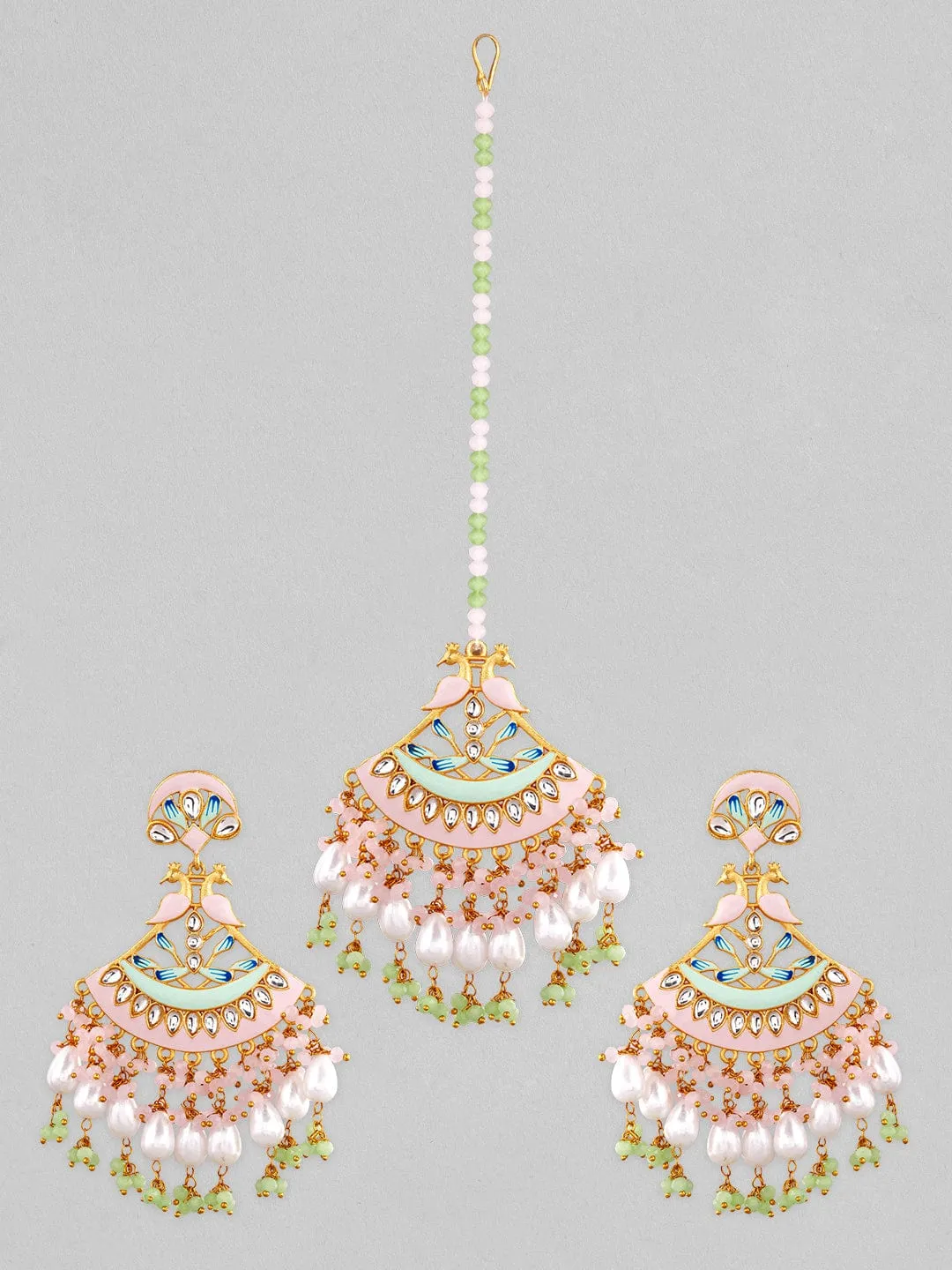 Rubans Pink and Green Enamelled Maangtikka And Earring Set