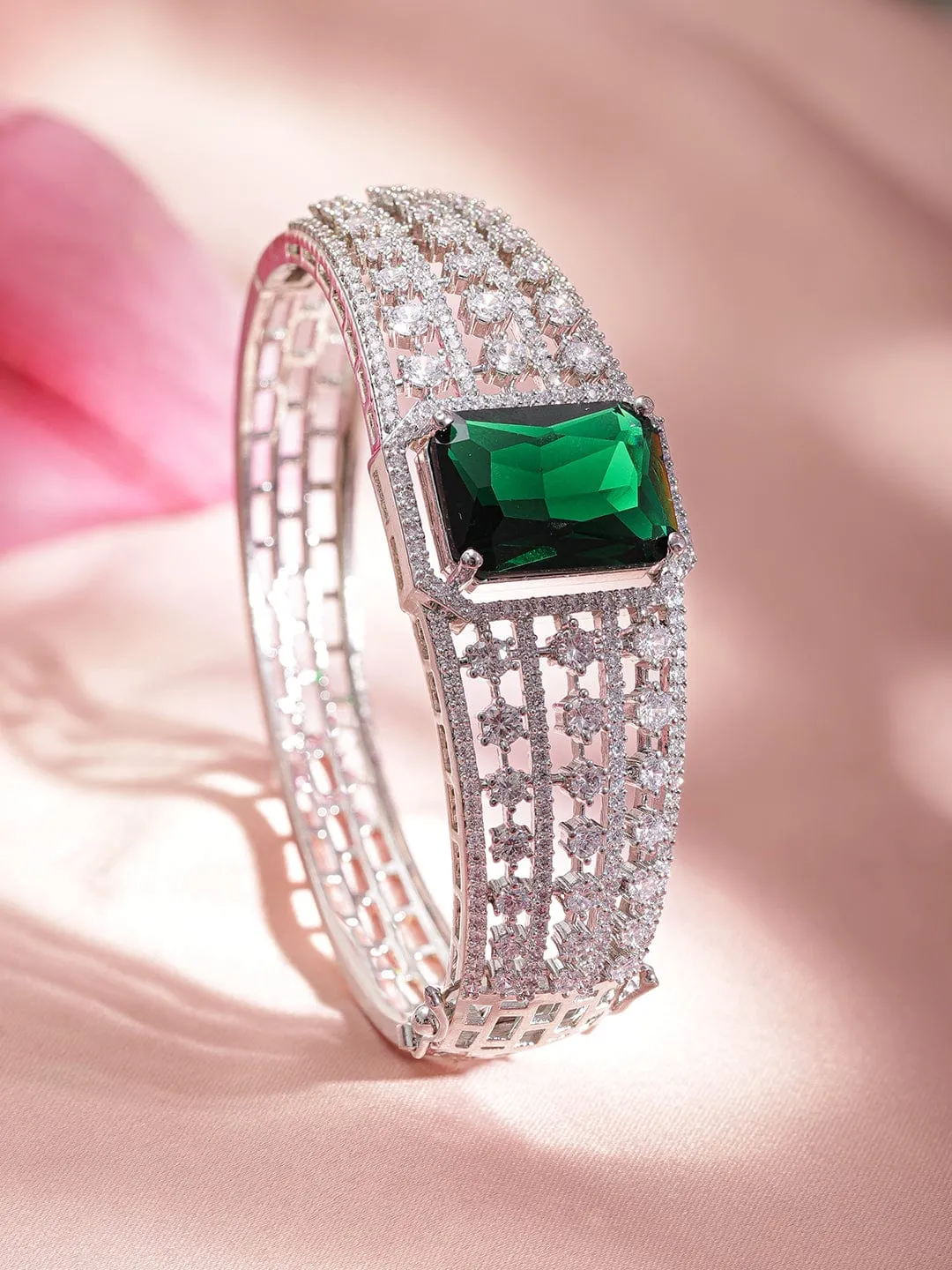 Rubans Rhodium plated Emerald Zirconia Studded Statement Bracelet