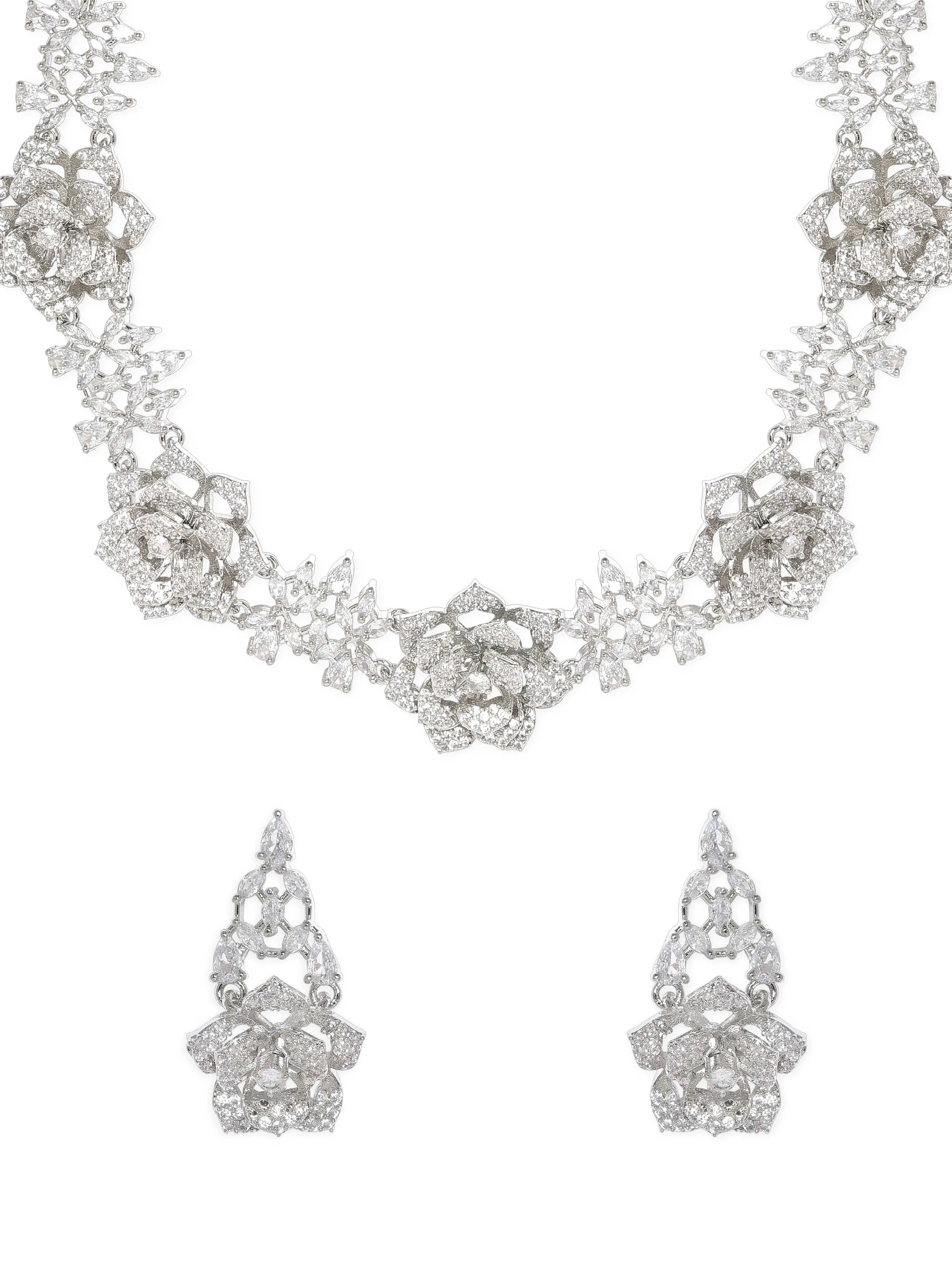 Rubans Rhodium plated Floral motif pave AD Studded Necklace set