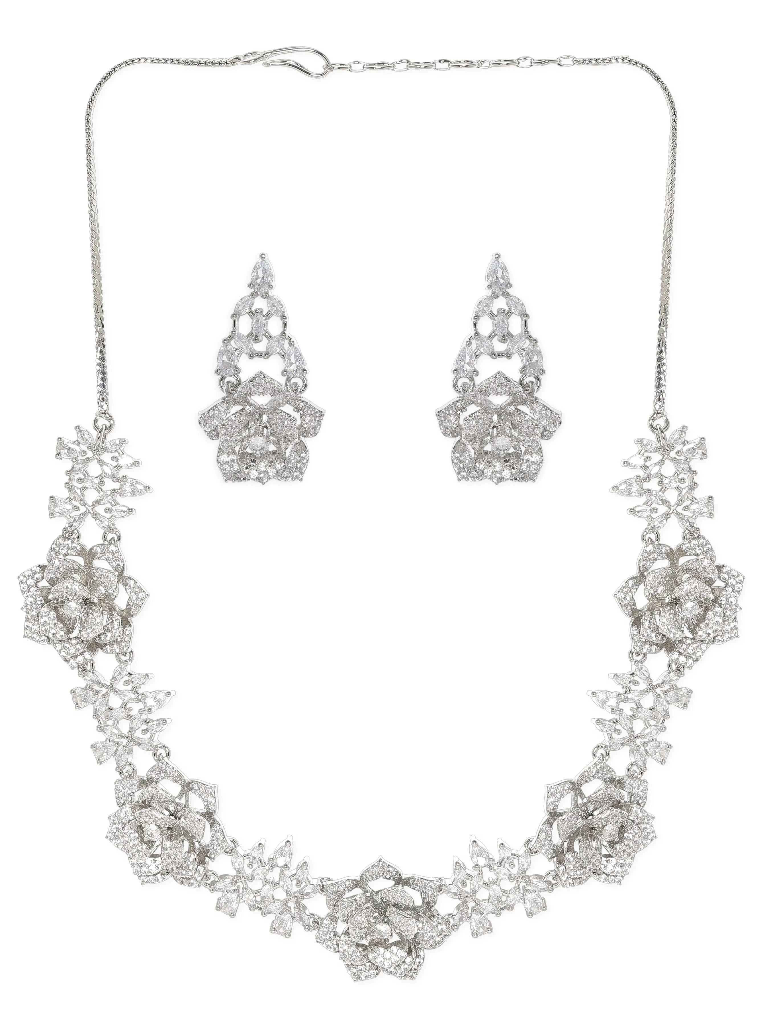 Rubans Rhodium plated Floral motif pave AD Studded Necklace set