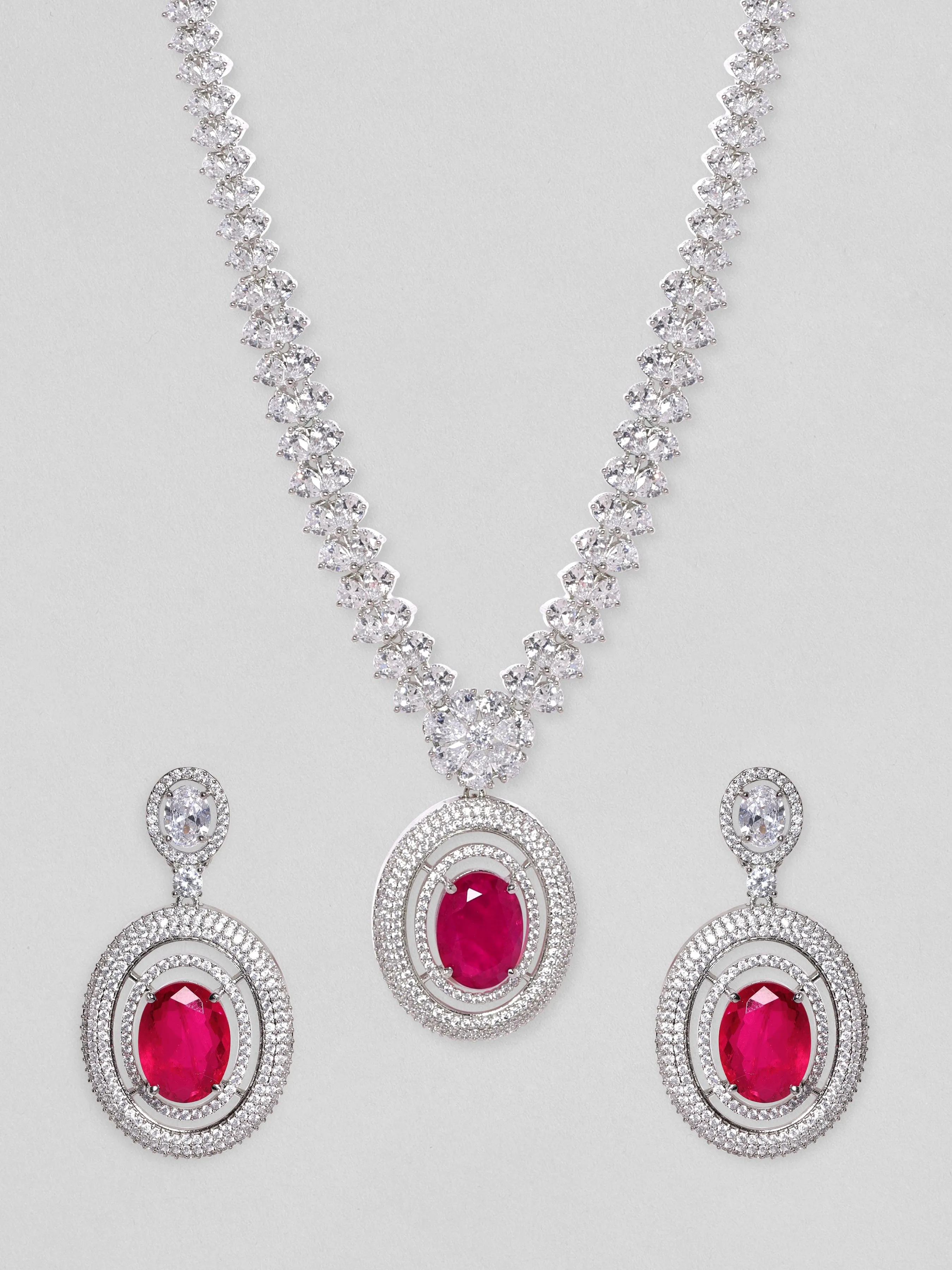 Rubans Rhodium Plated High Finish Ruby Red Oval Zirconia Studded Statement Necklace Set