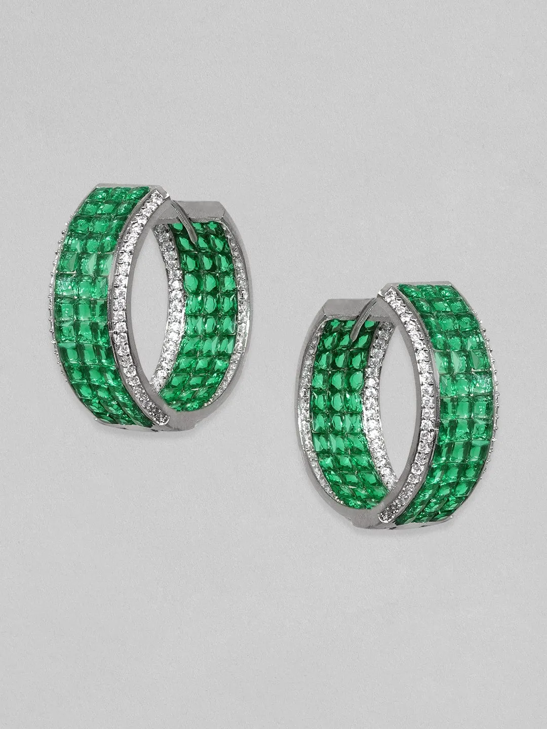 Rubans Rhodium Plated Premium White & Emerald Zircons Hoop Earring