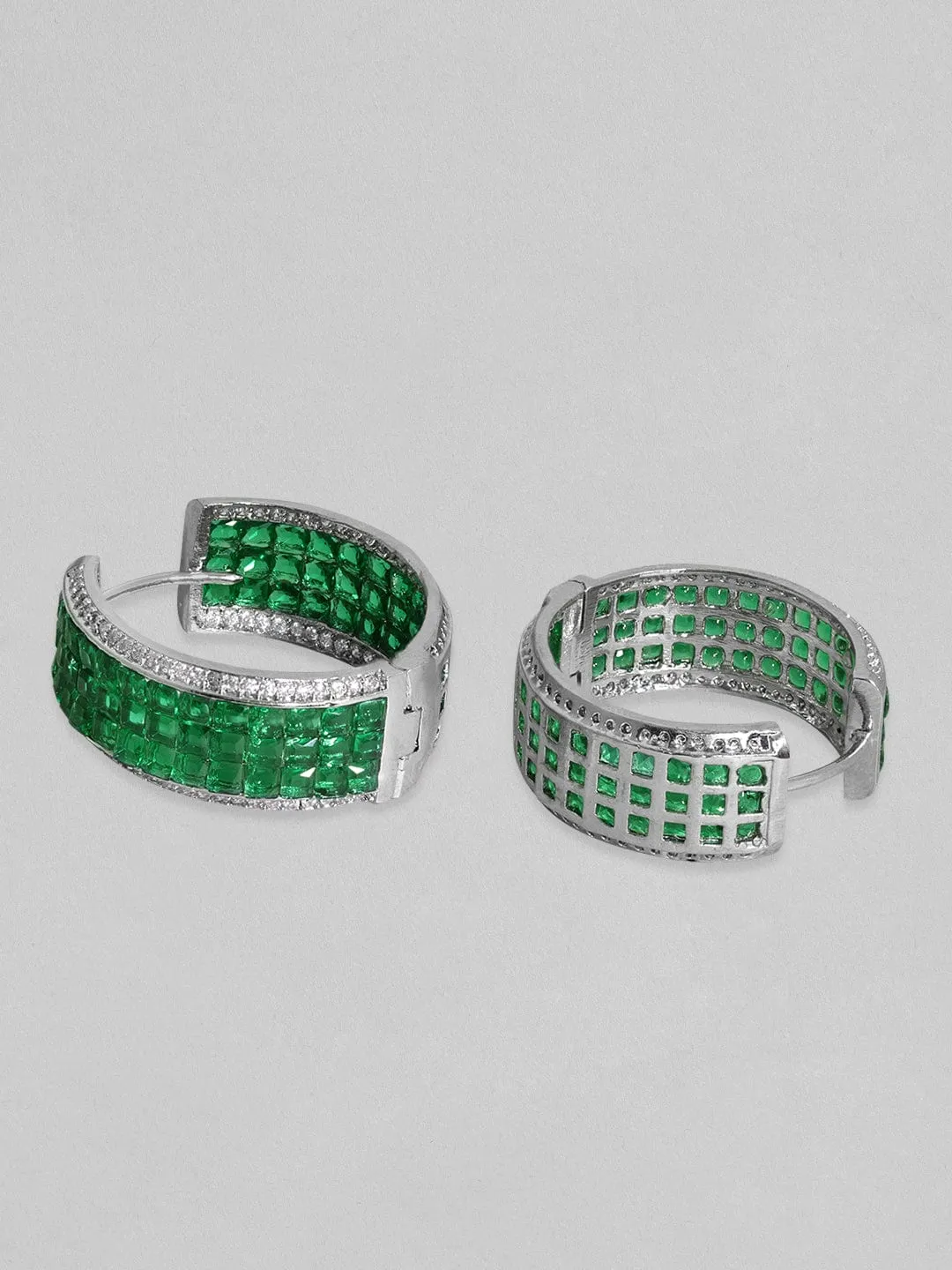 Rubans Rhodium Plated Premium White & Emerald Zircons Hoop Earring