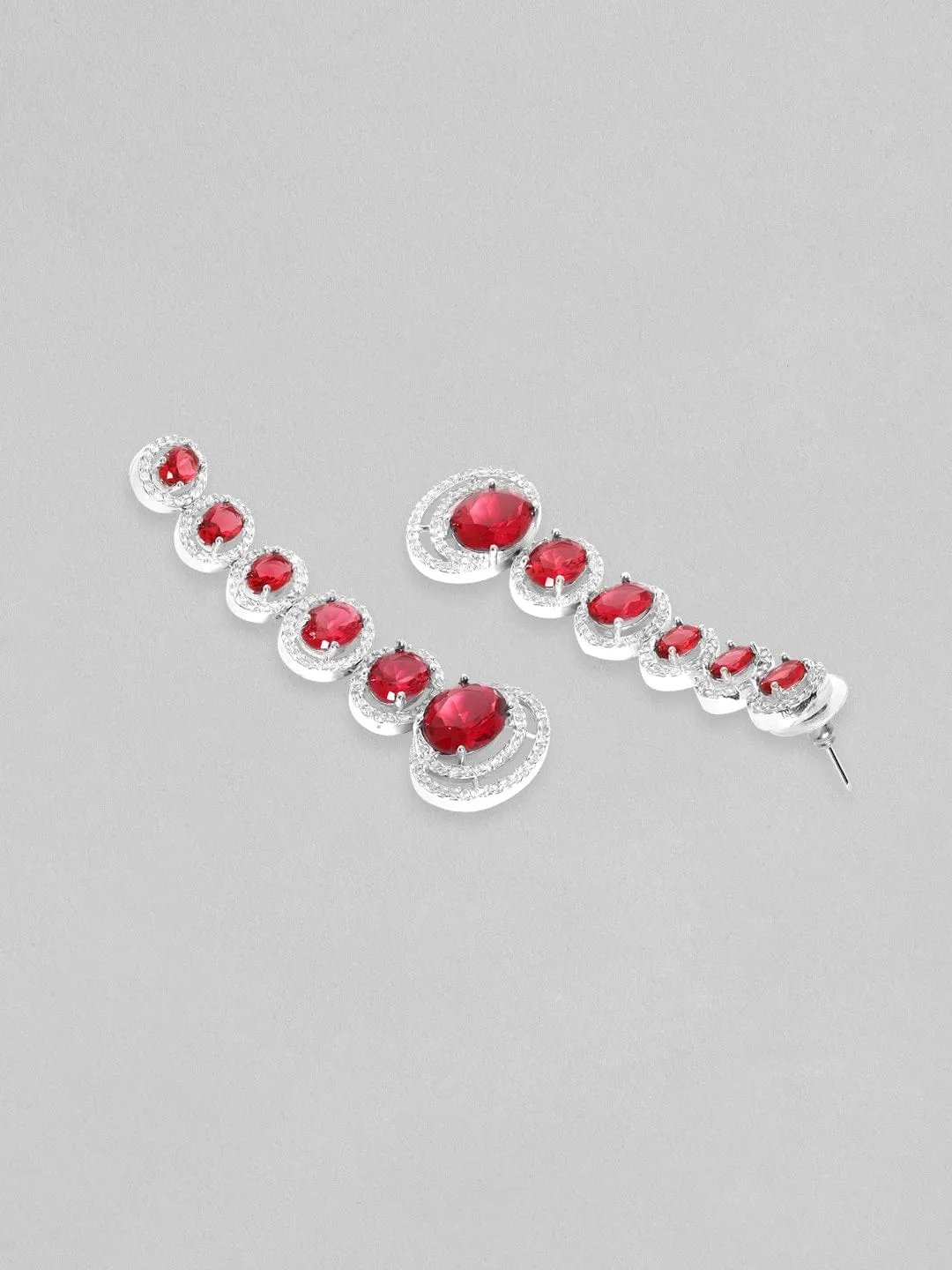 Rubans Rhodium Plated Ruby Red Oval Cut Zirconia Long Dangle Earrings