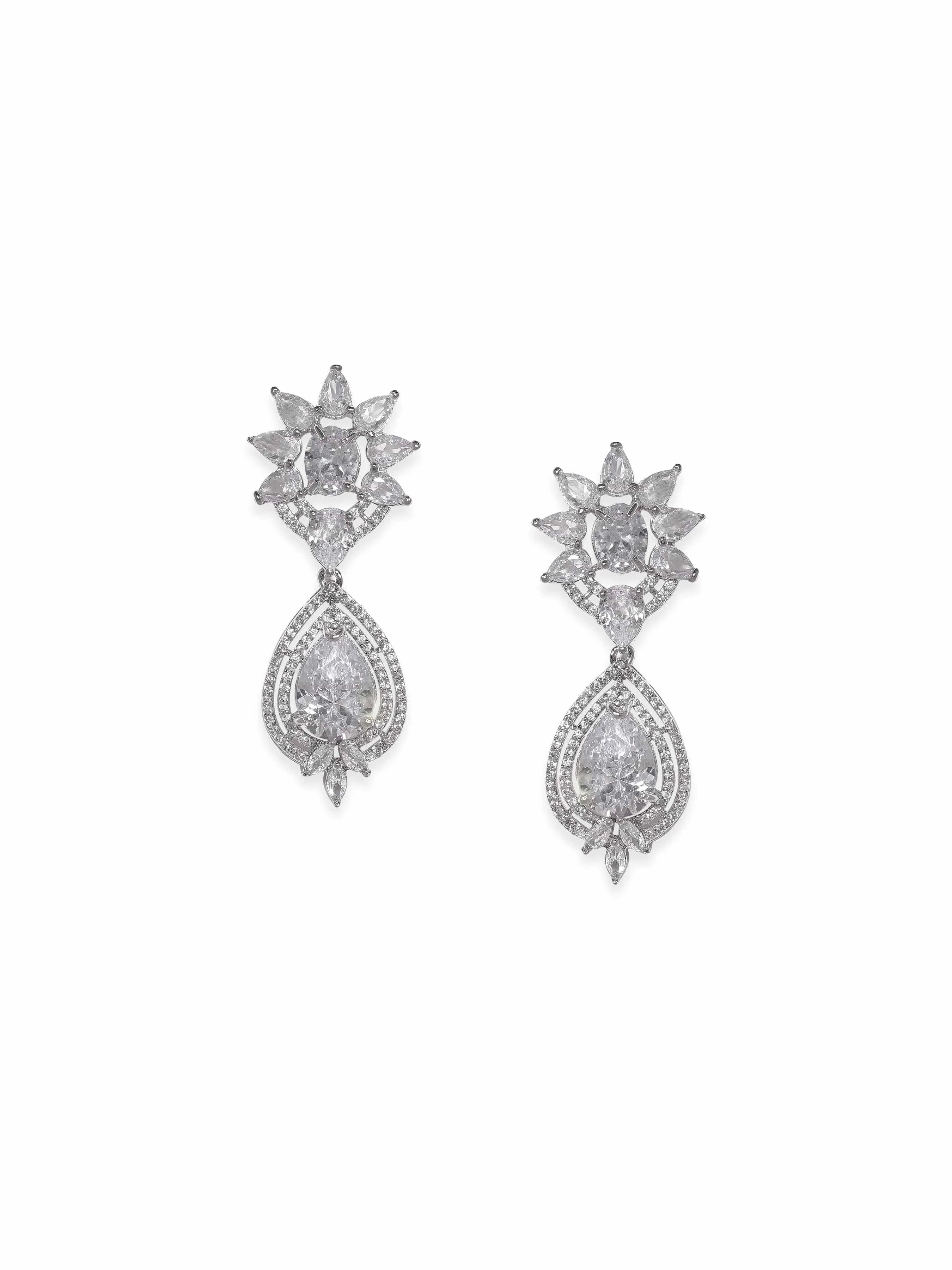 Rubans Rhodium Plated Zirconia Contemprory Dangle Earrings