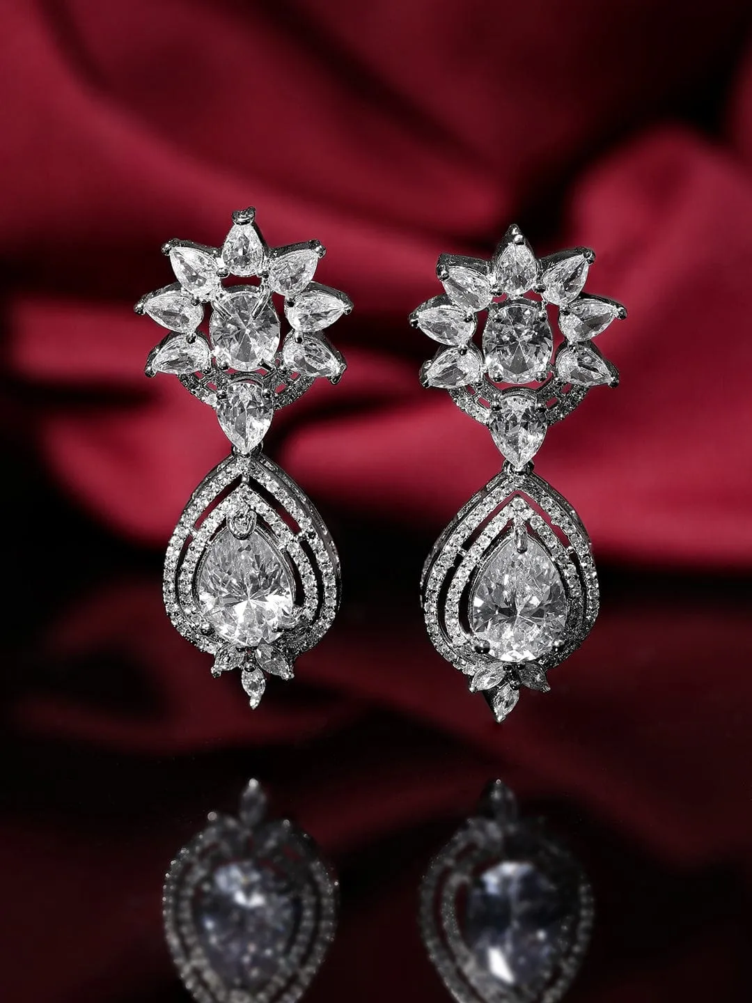 Rubans Rhodium Plated Zirconia Contemprory Dangle Earrings